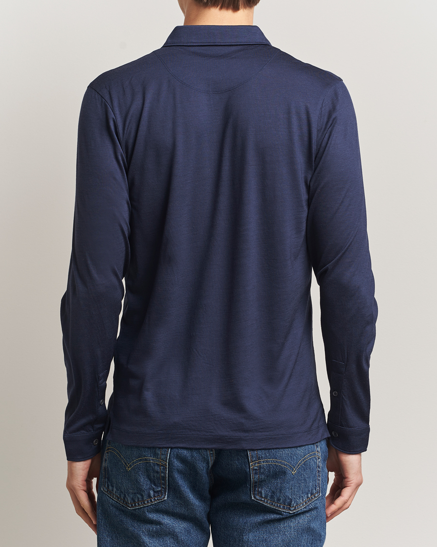 Hombres | Polos | Sunspel | Wool Jersey Long Sleeve Polo Navy