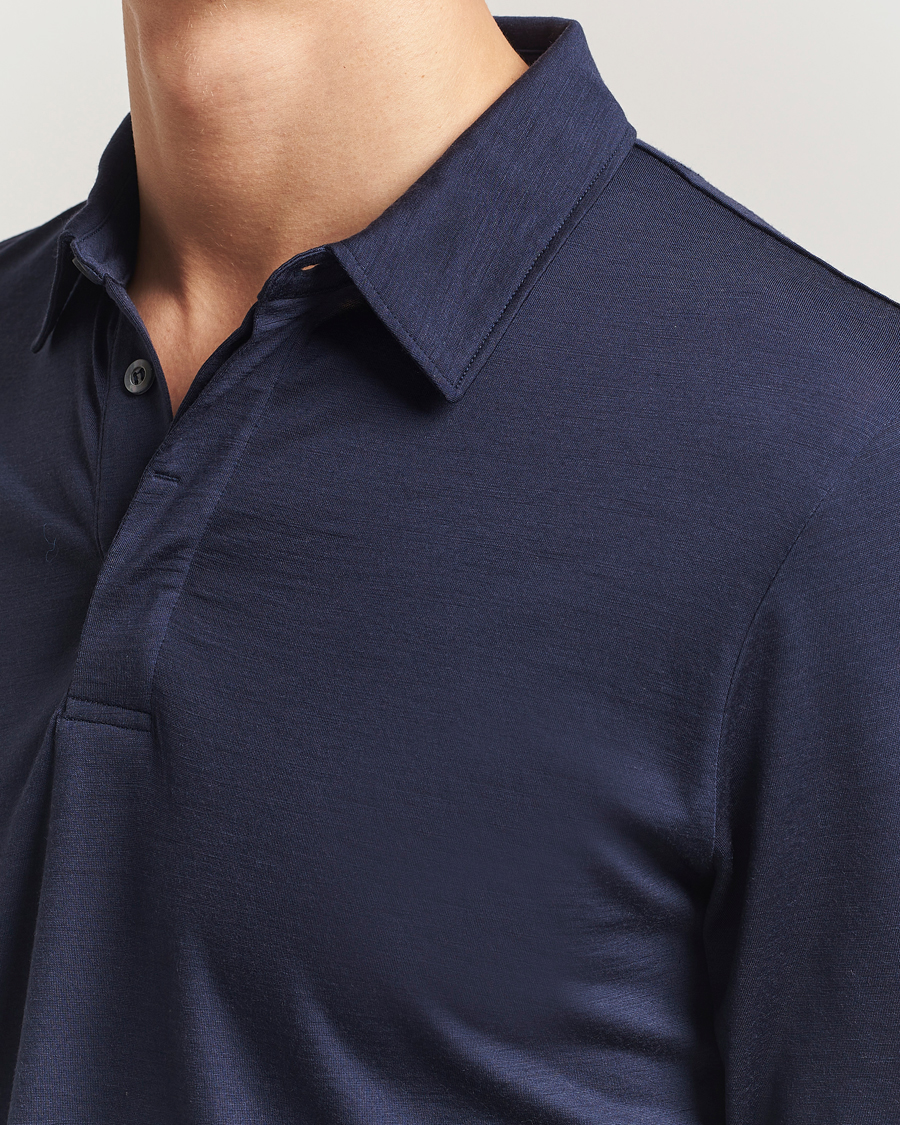 Hombres | Polos | Sunspel | Wool Jersey Long Sleeve Polo Navy