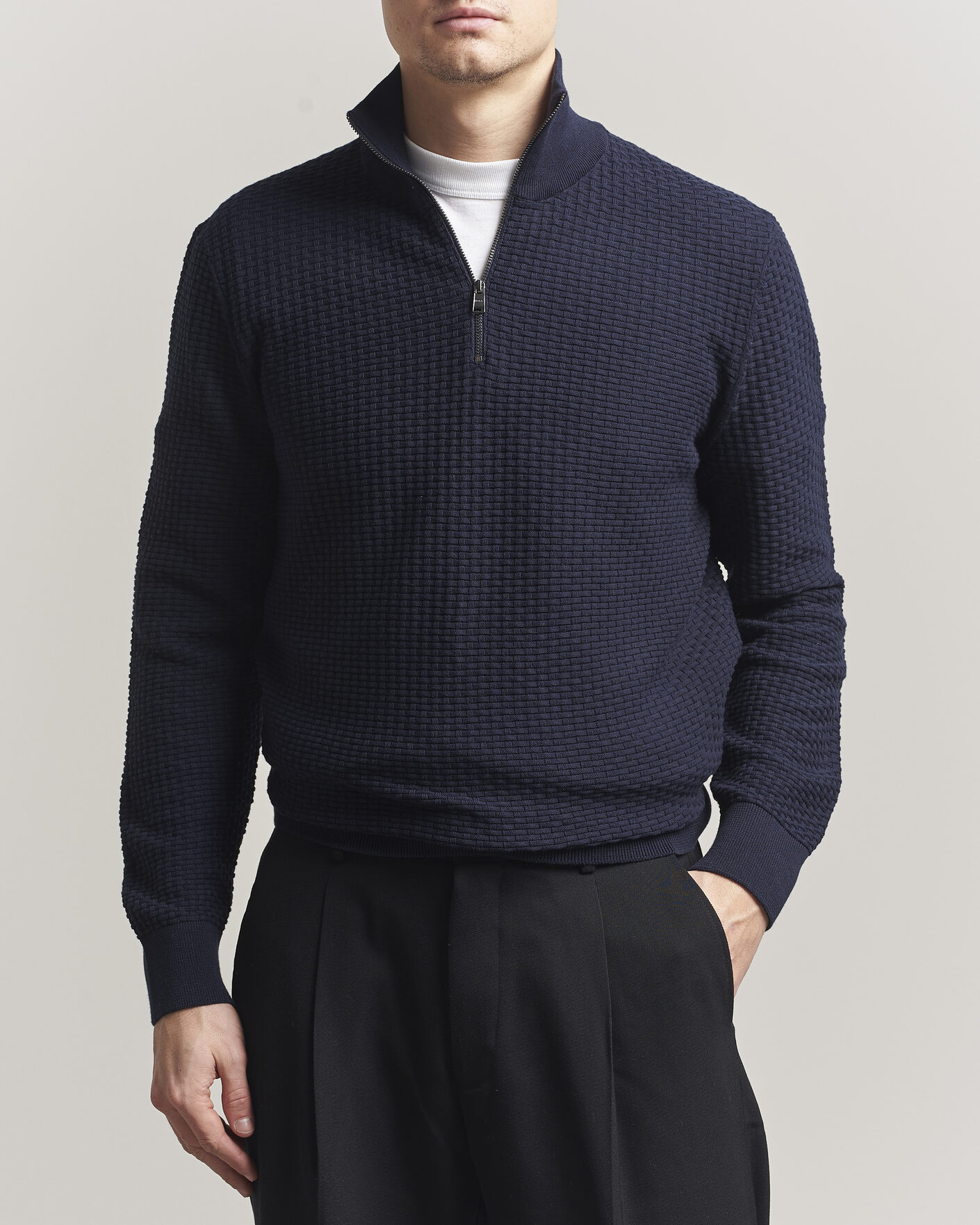 Hombres | Jerséis y prendas de punto | BOSS BLACK | Ulicio Structured Knitted Half Zip Dark Blue