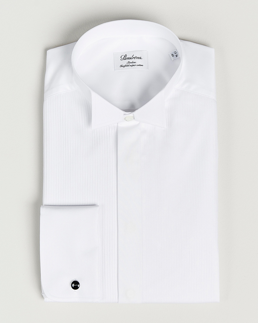 Hombres | Camisas | Stenströms | Slimline Stand Up Collar Plissè Shirt White