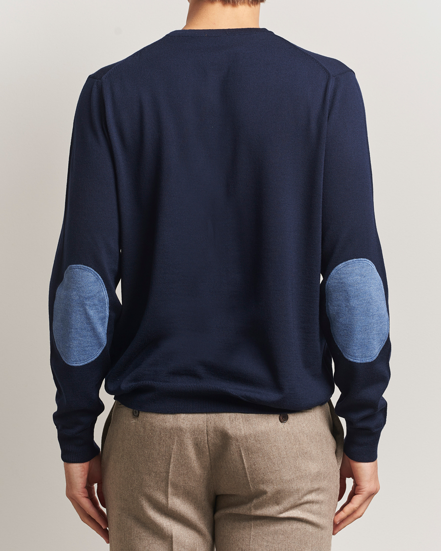 Hombres | Jerséis y prendas de punto | Stenströms | Merino Patch Crew Neck Navy/Blue
