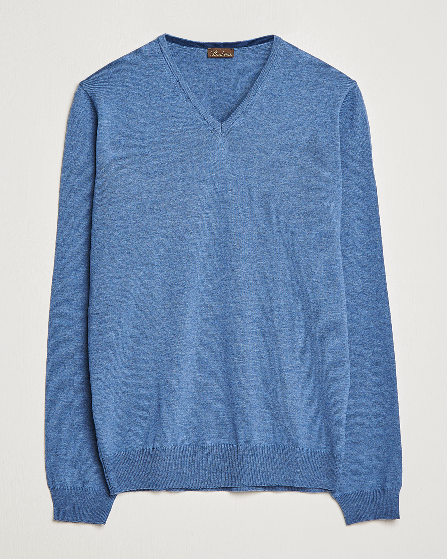 Hombres | Jerséis y prendas de punto | Stenströms | Merino Patch V-Neck Light Blue/Blue