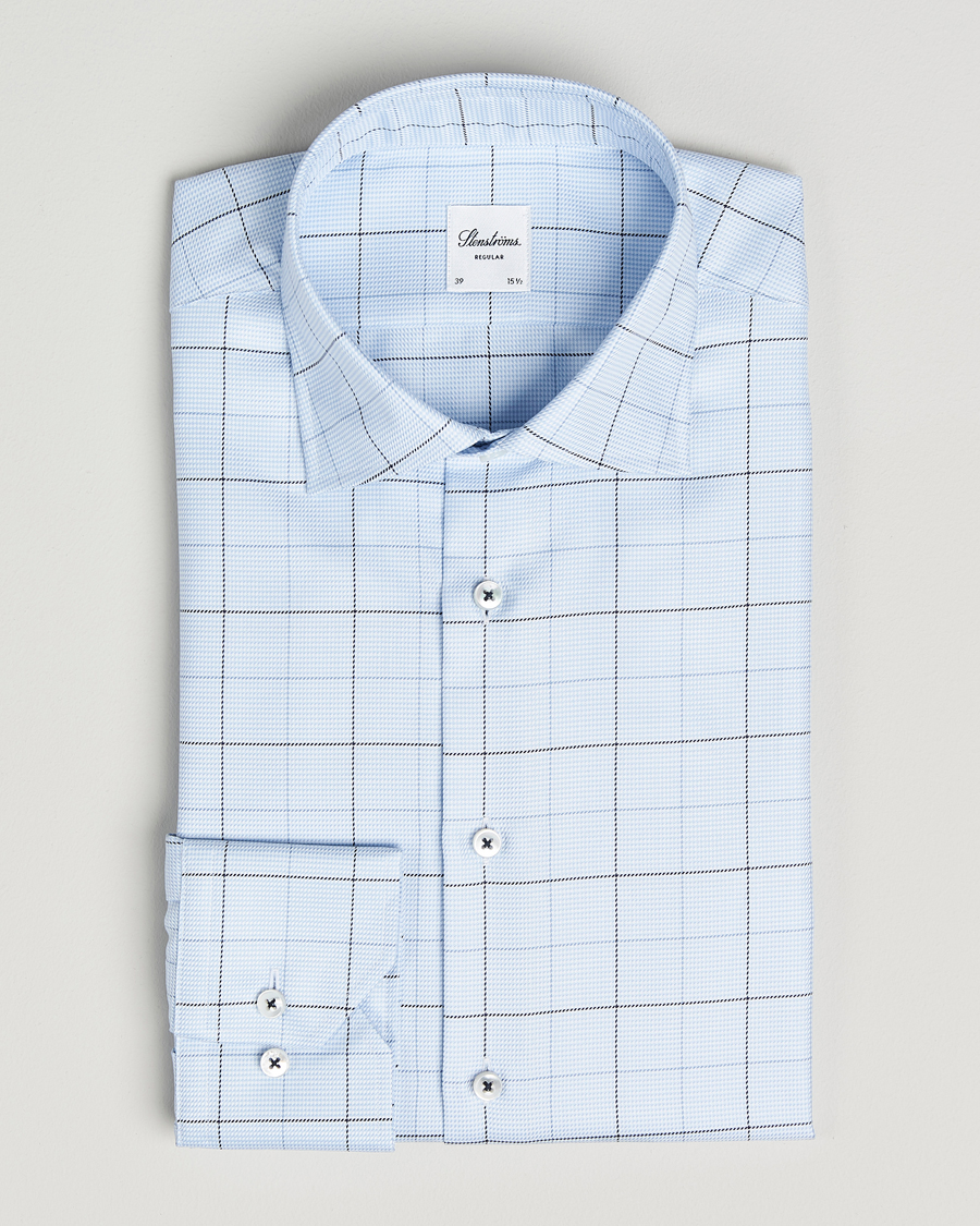 Hombres | Camisas | Stenströms | Regular Fit Cut Away Windowpane Shirt Blue
