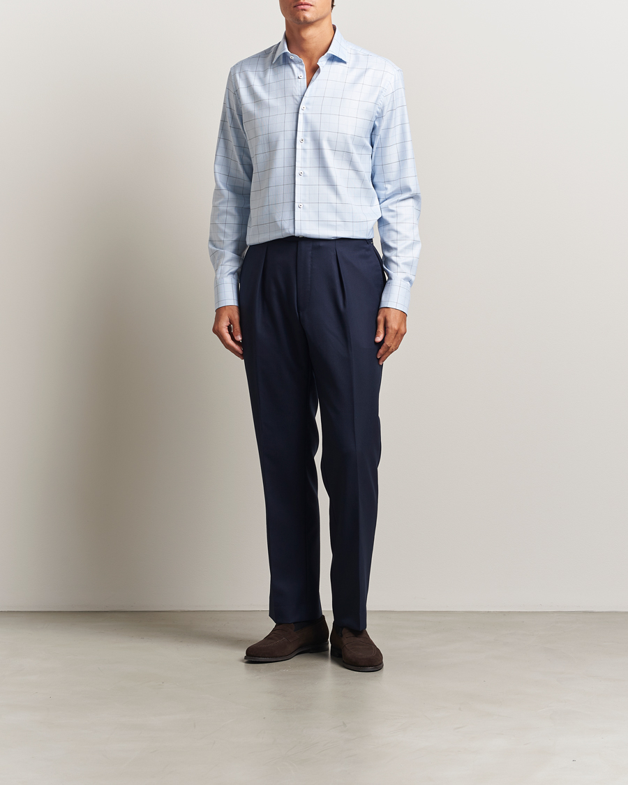 Hombres | Camisas | Stenströms | Regular Fit Cut Away Windowpane Shirt Blue