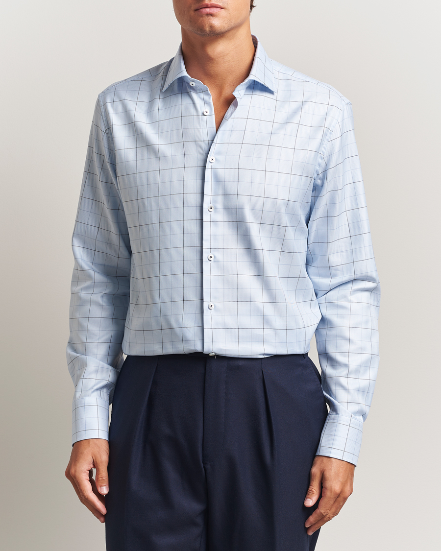 Hombres | Camisas | Stenströms | Regular Fit Cut Away Windowpane Shirt Blue