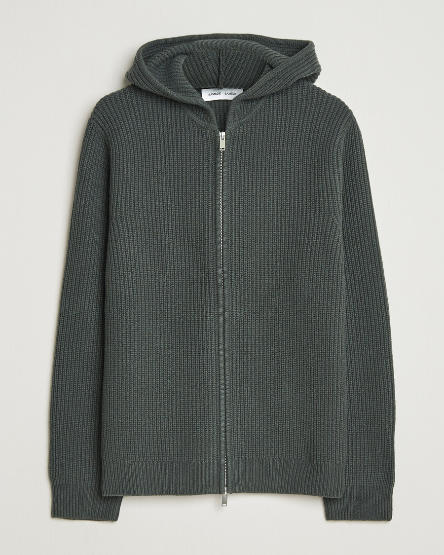 Hombres | Jerséis y prendas de punto | Samsøe Samsøe | Isak Heavy Knitted Full Zip Hoodie Dark Evergreen