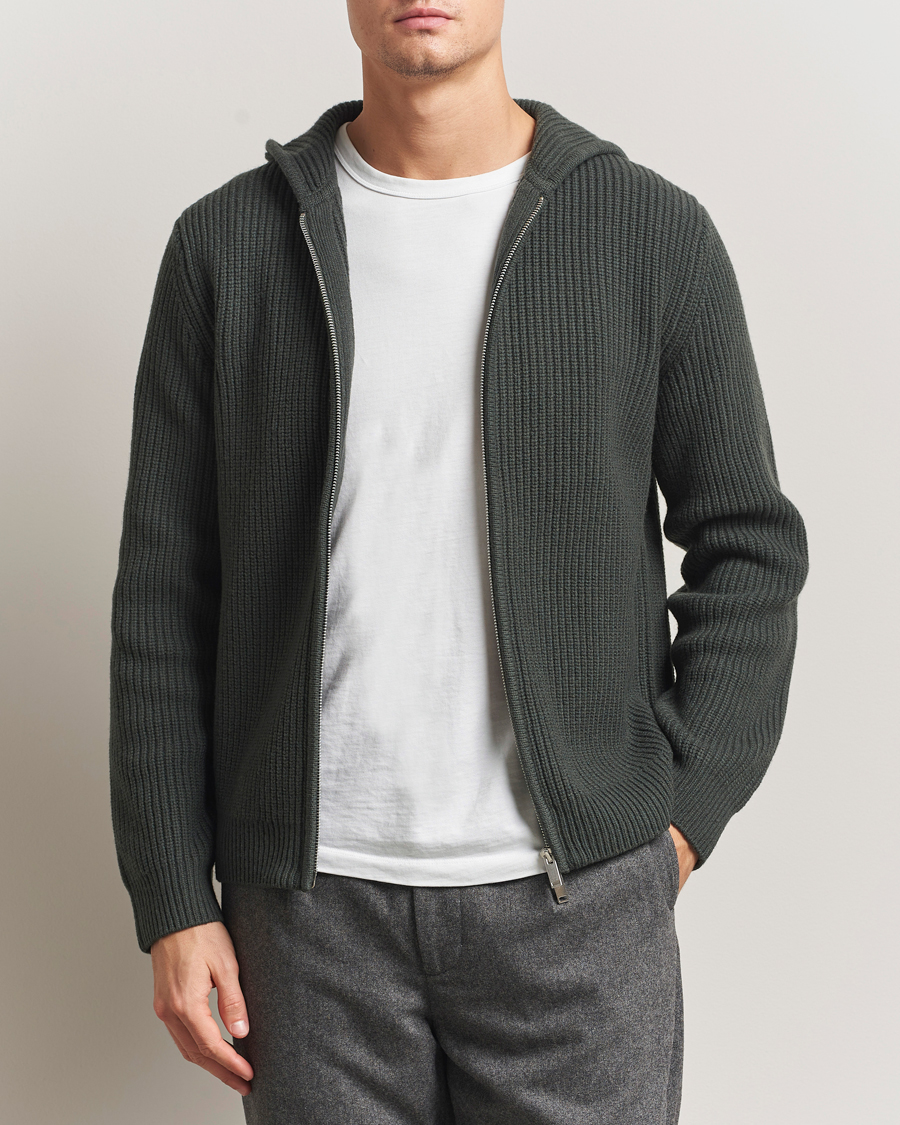Hombres | Jerséis y prendas de punto | Samsøe Samsøe | Isak Heavy Knitted Full Zip Hoodie Dark Evergreen