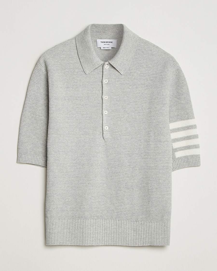 Hombres | Polos | Thom Browne | Textured 4 Bar Knitted Polo Light Grey