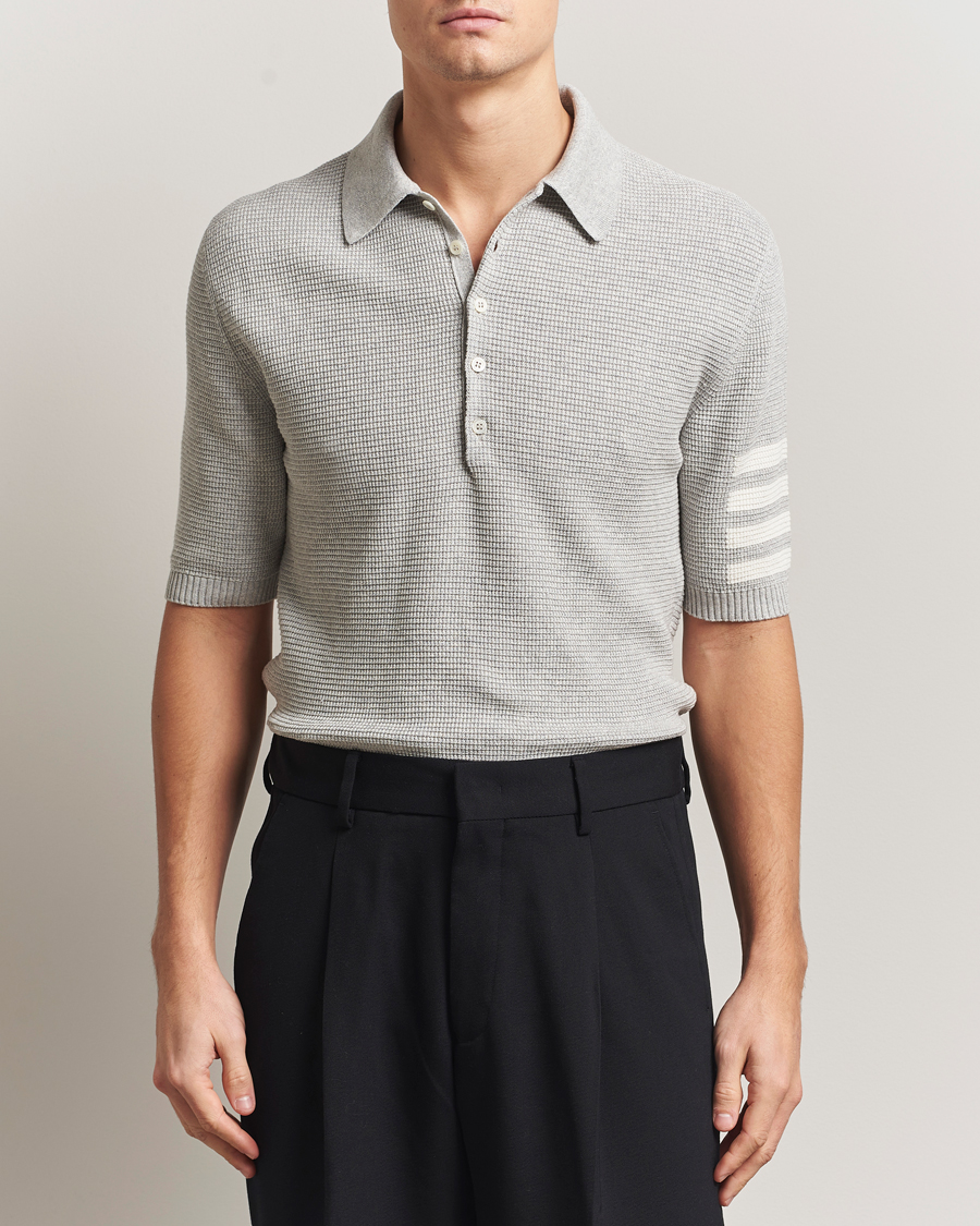 Hombres | Polos | Thom Browne | Textured 4 Bar Knitted Polo Light Grey