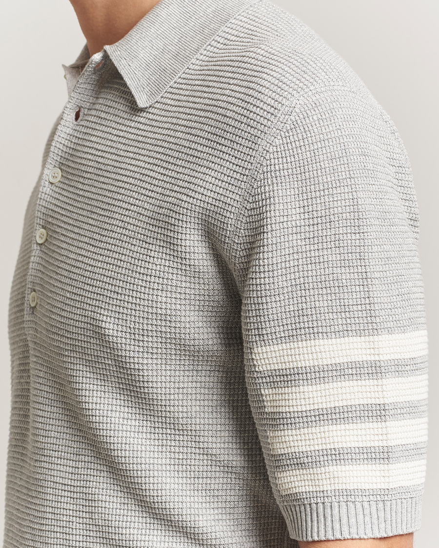 Hombres | Polos | Thom Browne | Textured 4 Bar Knitted Polo Light Grey