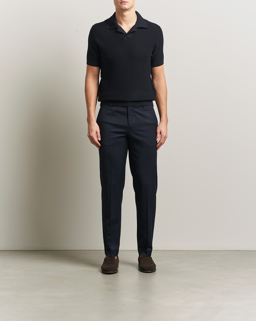 Hombres | Jerséis y prendas de punto | Brioni | Knitted Rib Wool Polo Navy