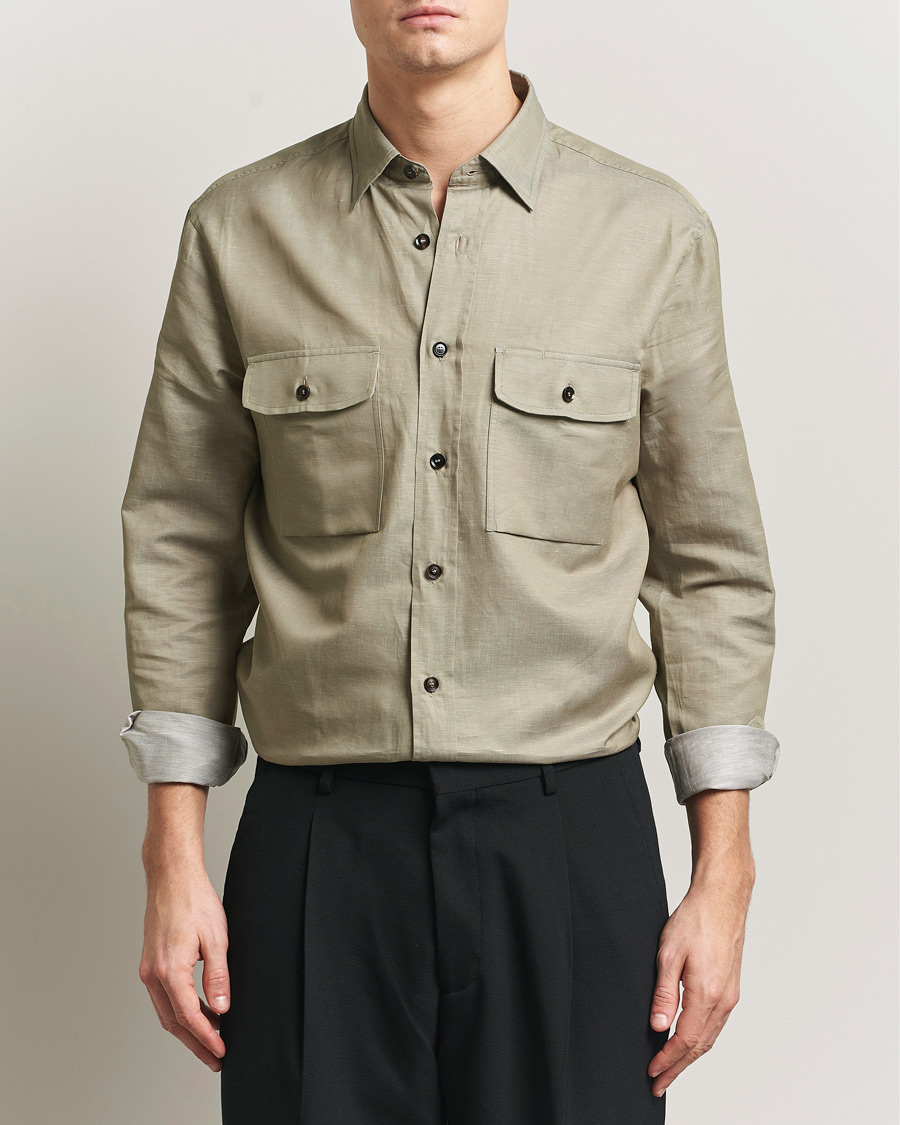 Hombres | Camisas | Brioni | Cotton/Linen Overshirt Olive