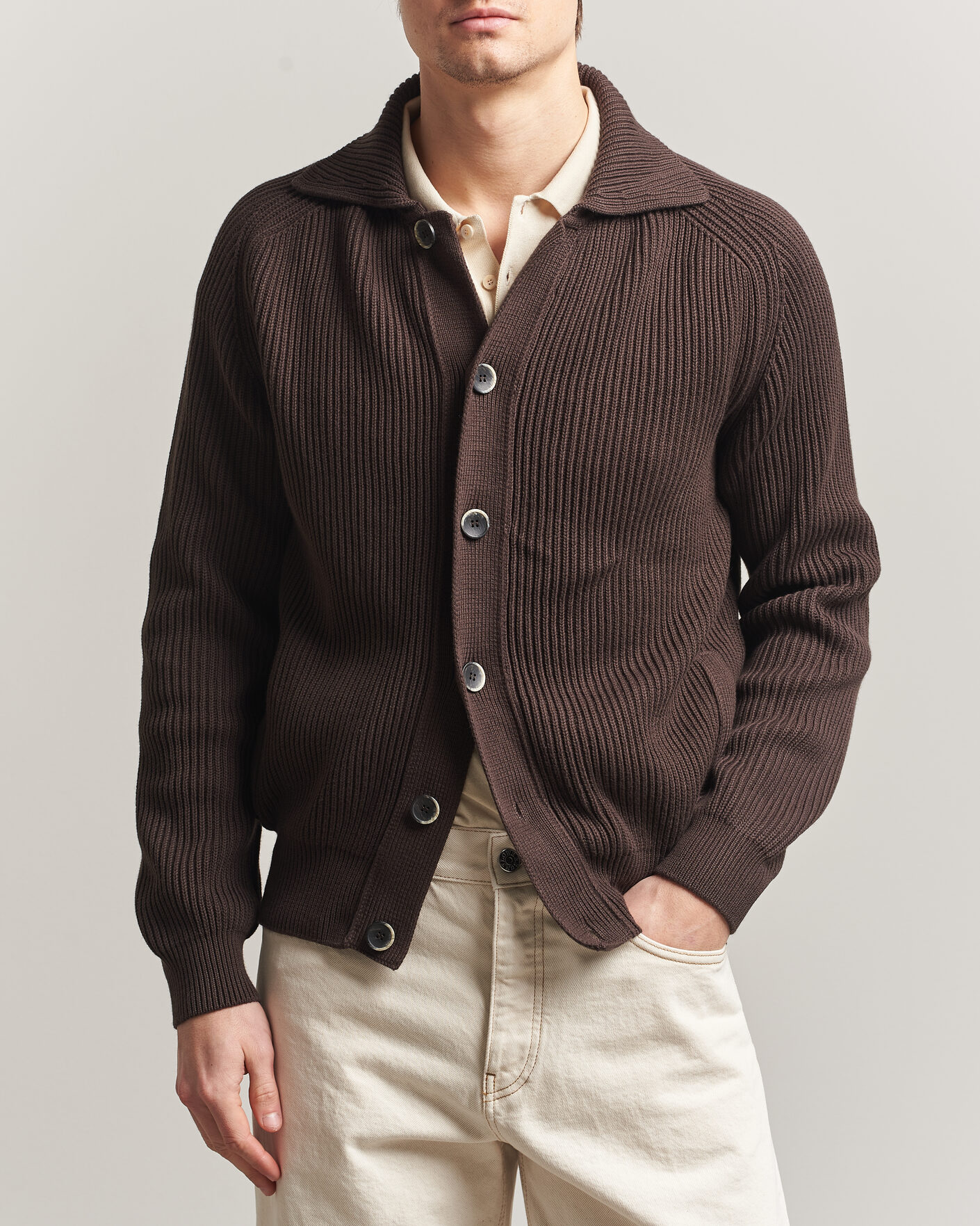 Hombres | Jerséis y prendas de punto | Altea | Cotton Rib Cardigan Jacket Dark Brown