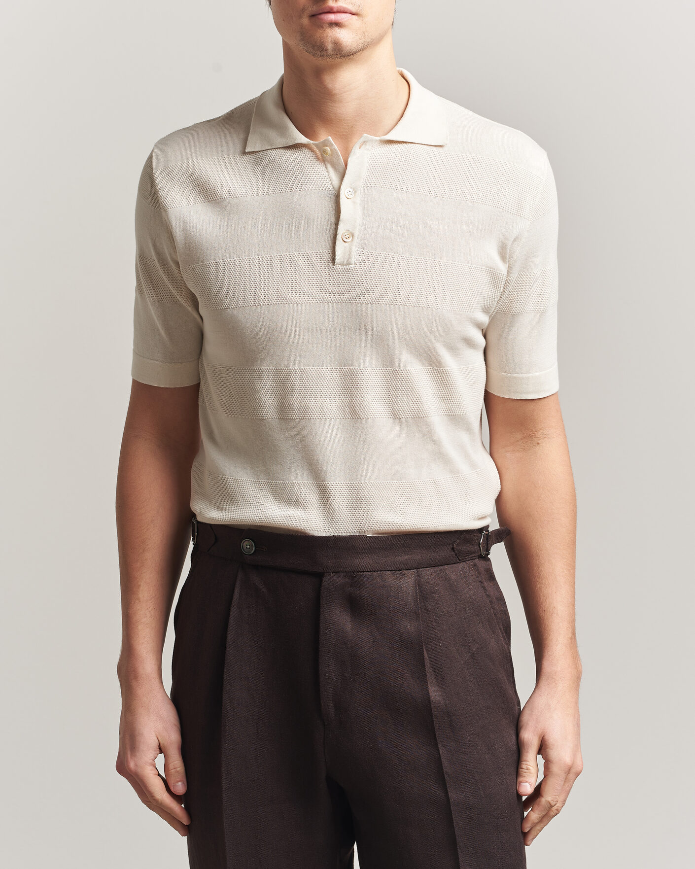 Hombres | Polos | Altea | Block Stripe Knitted Polo Off White