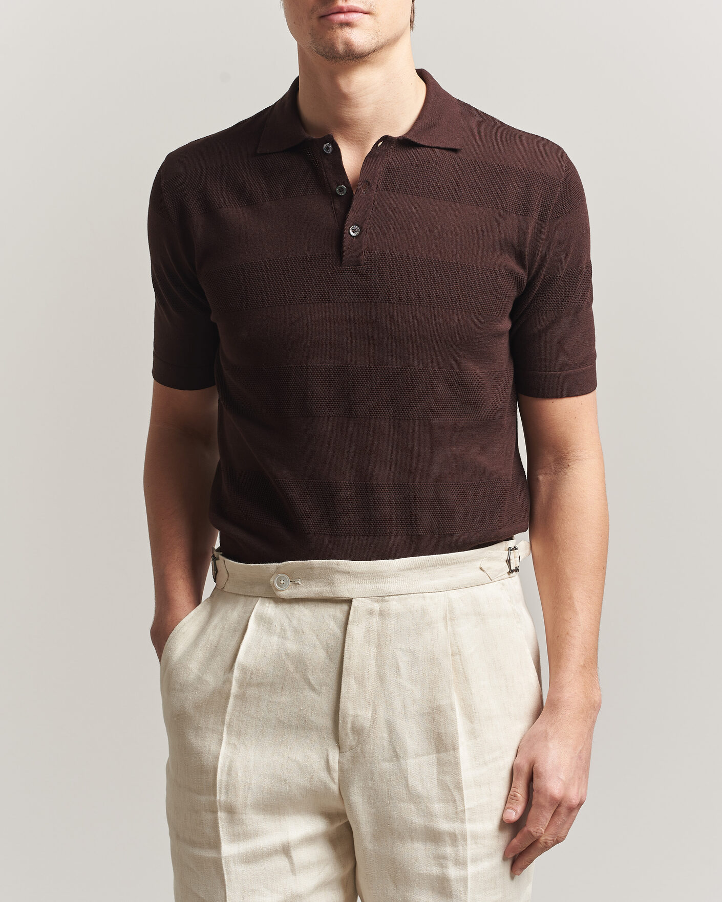 Hombres | Polos | Altea | Block Stripe Knitted Polo Dark Brown