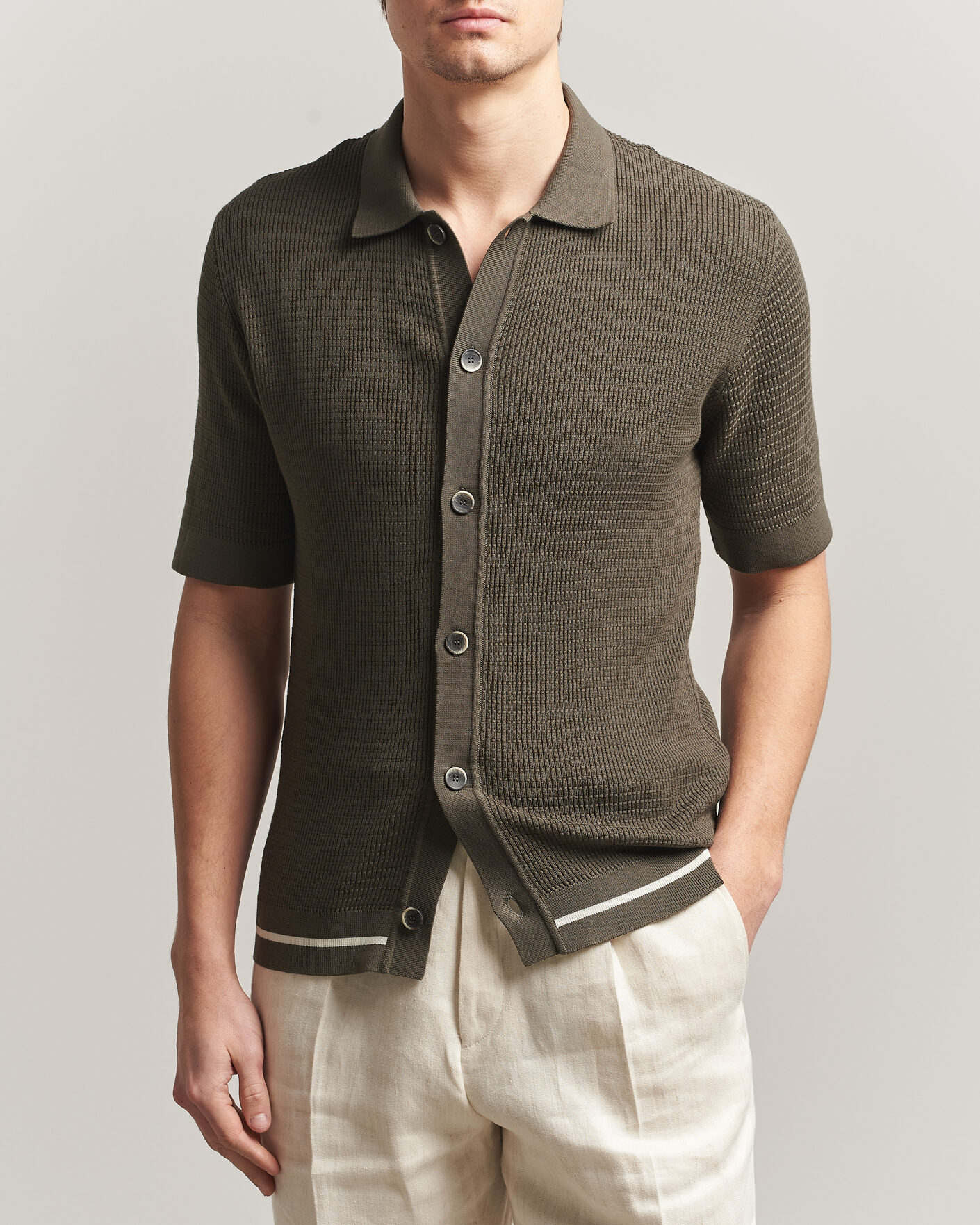 Hombres | Camisas | Altea | Bamboo Stitch Knitted Camp Shirt Dark Green