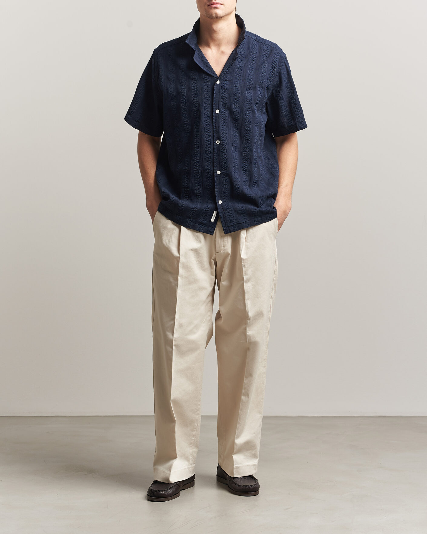 Hombres | Camisas | Forét | Peer Jacquard Stripe Regular Fit SS Shirt Navy