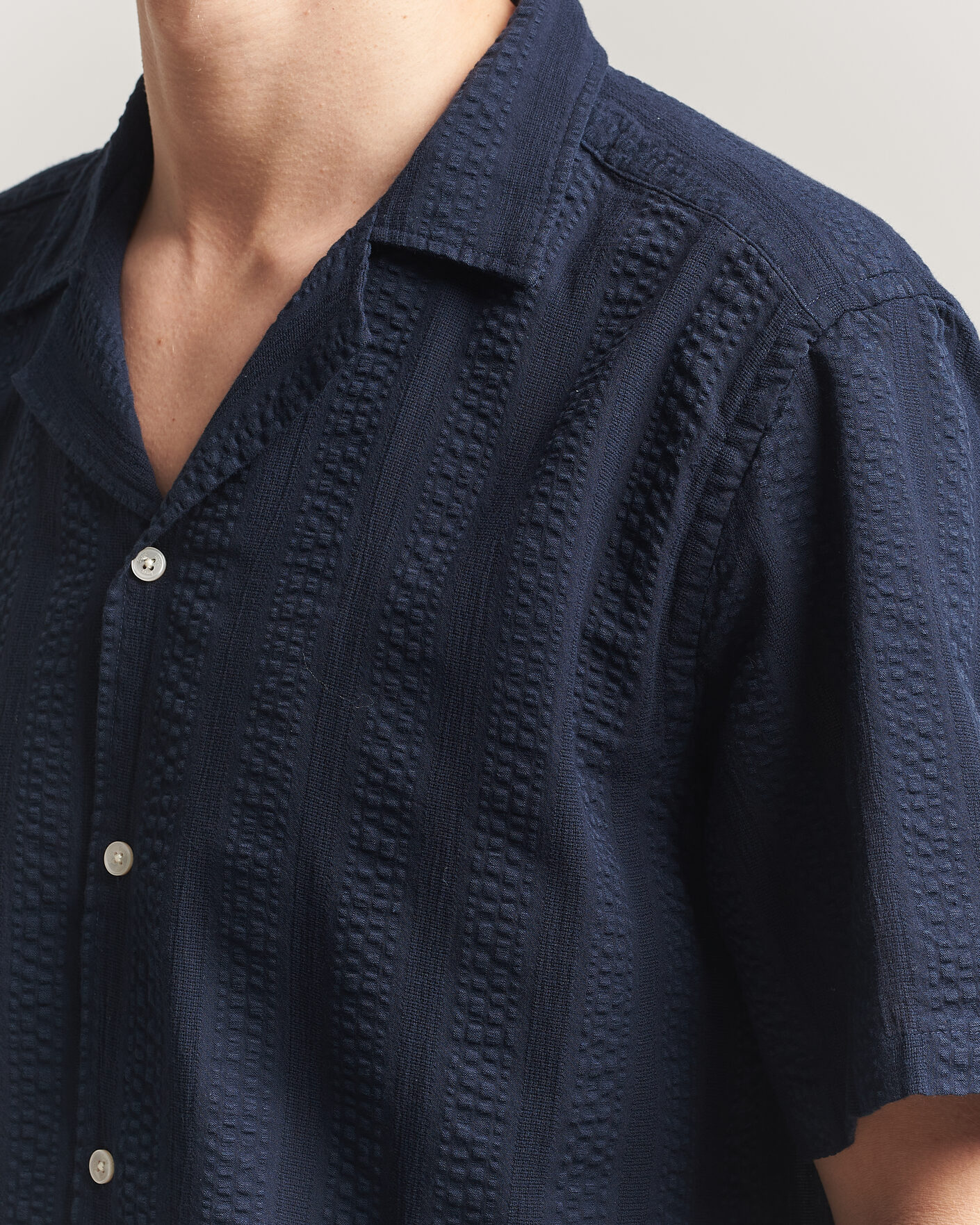 Hombres | Camisas | Forét | Peer Jacquard Stripe Regular Fit SS Shirt Navy
