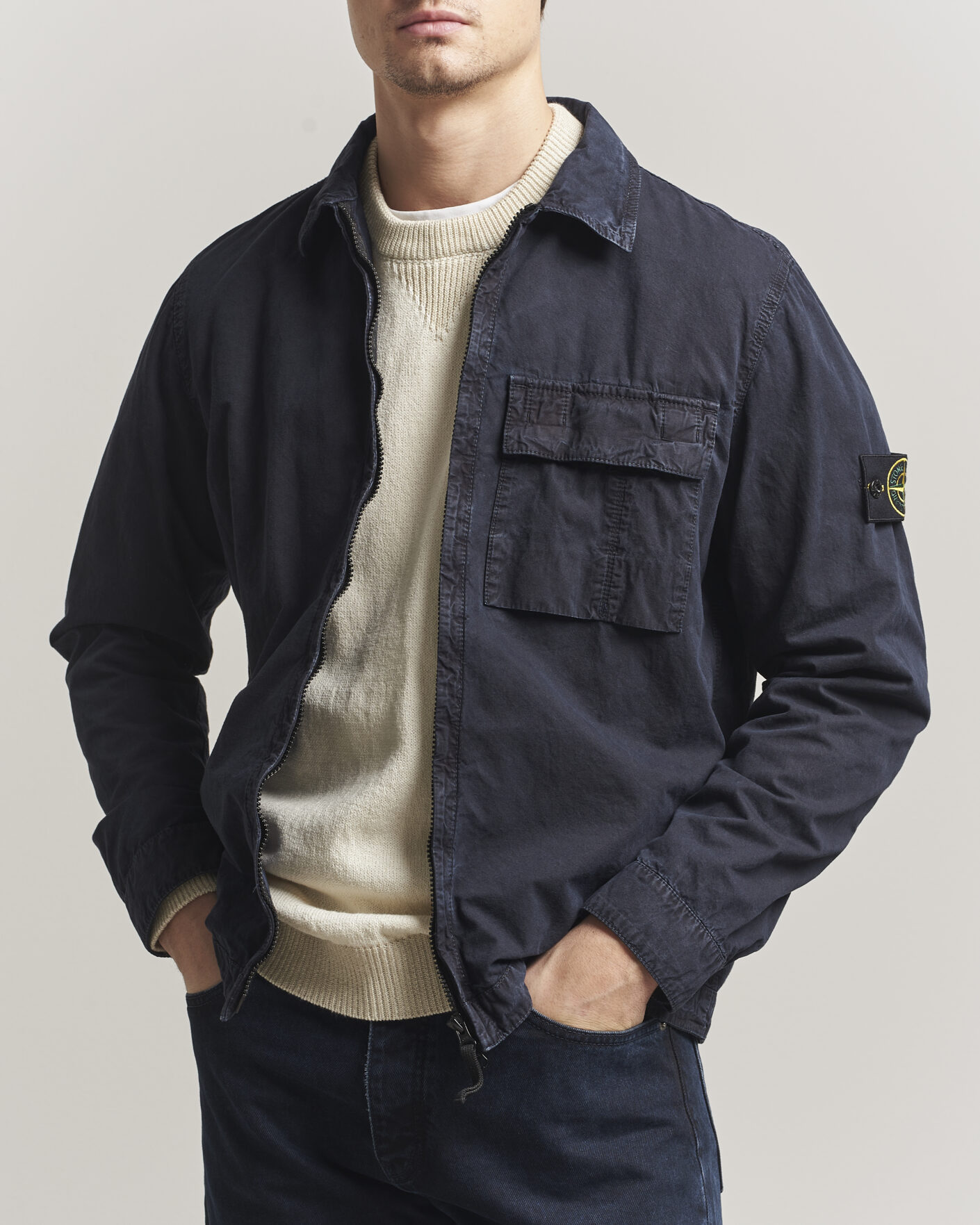 Hombres | Camisas | Stone Island | Brushed Cotton Canvas Zip Overshirt Navy
