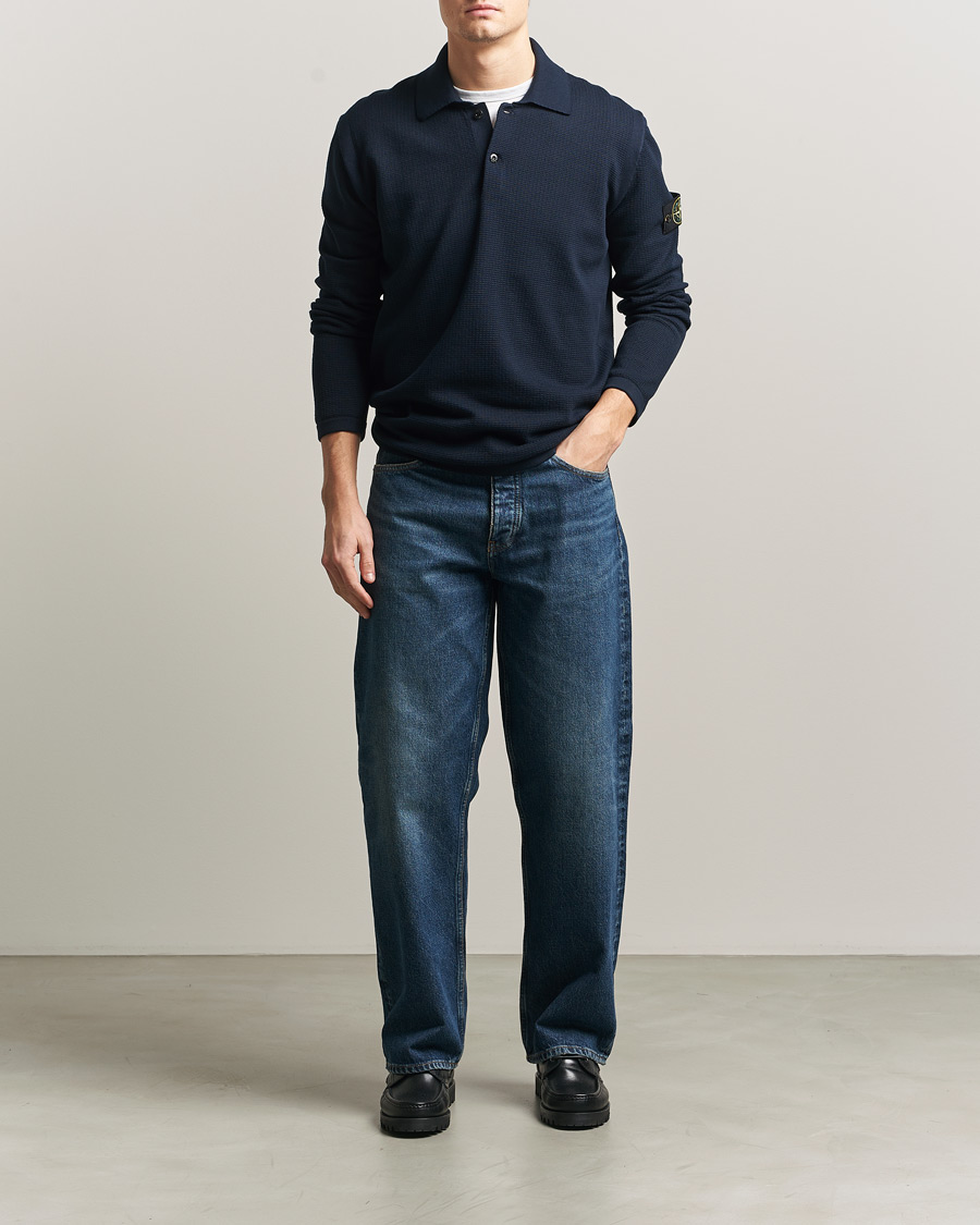 Hombres | Jerséis y prendas de punto | Stone Island | Micro Stitch Knitted Cotton Polo Navy