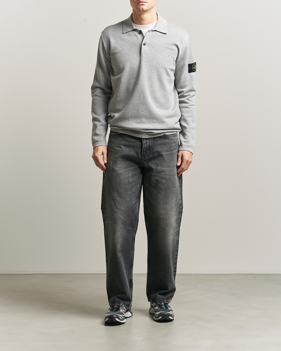 Hombres | Jerséis y prendas de punto | Stone Island | Micro Stitch Knitted Cotton Polo Melange Pearl Grey