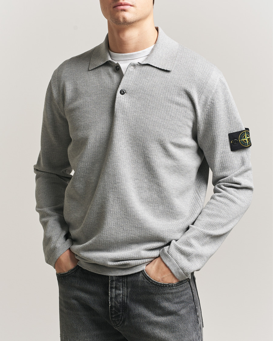 Hombres | Jerséis y prendas de punto | Stone Island | Micro Stitch Knitted Cotton Polo Melange Pearl Grey