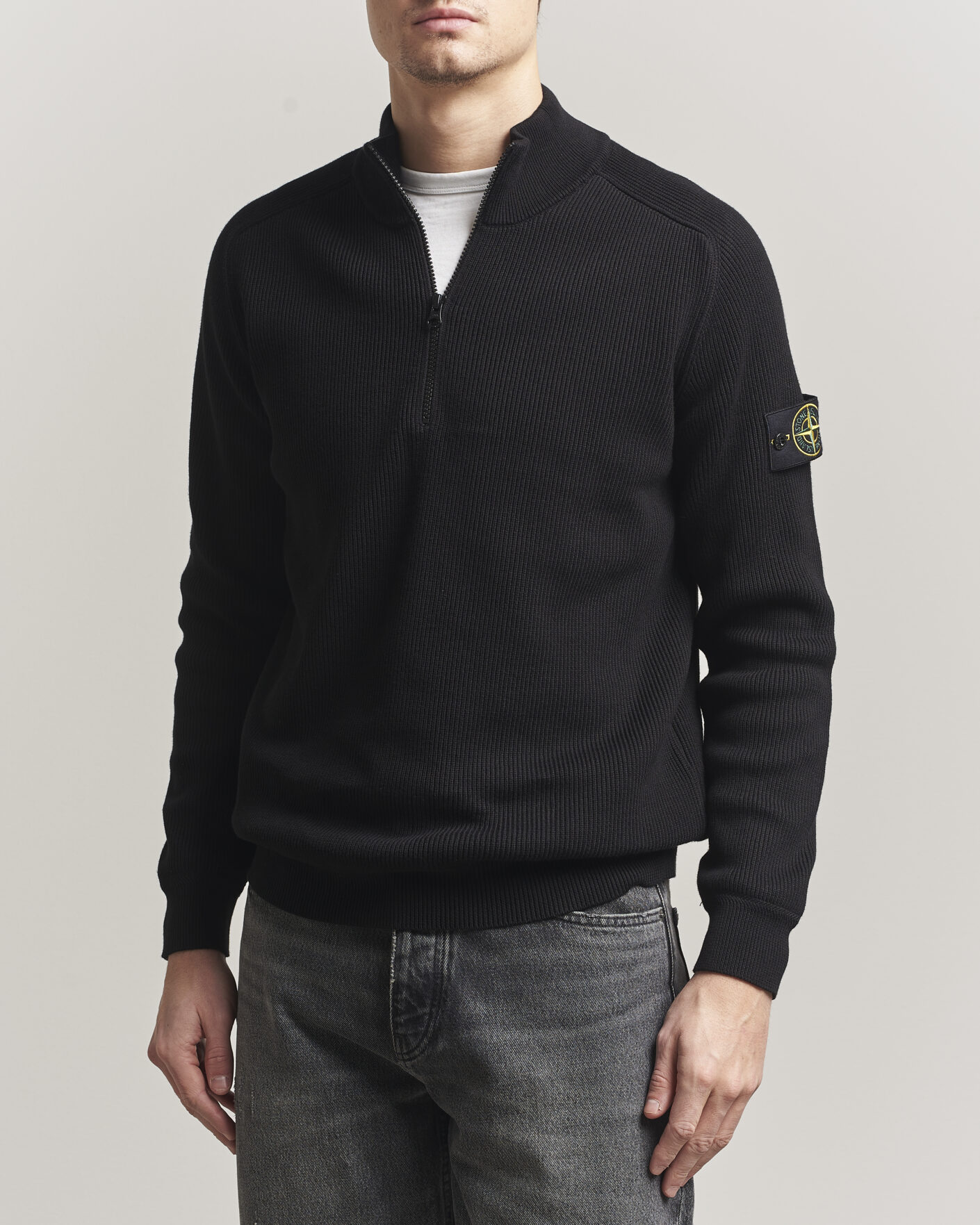 Hombres | Jerséis y prendas de punto | Stone Island | Ribbed Soft Organic Cotton Half Zip Black