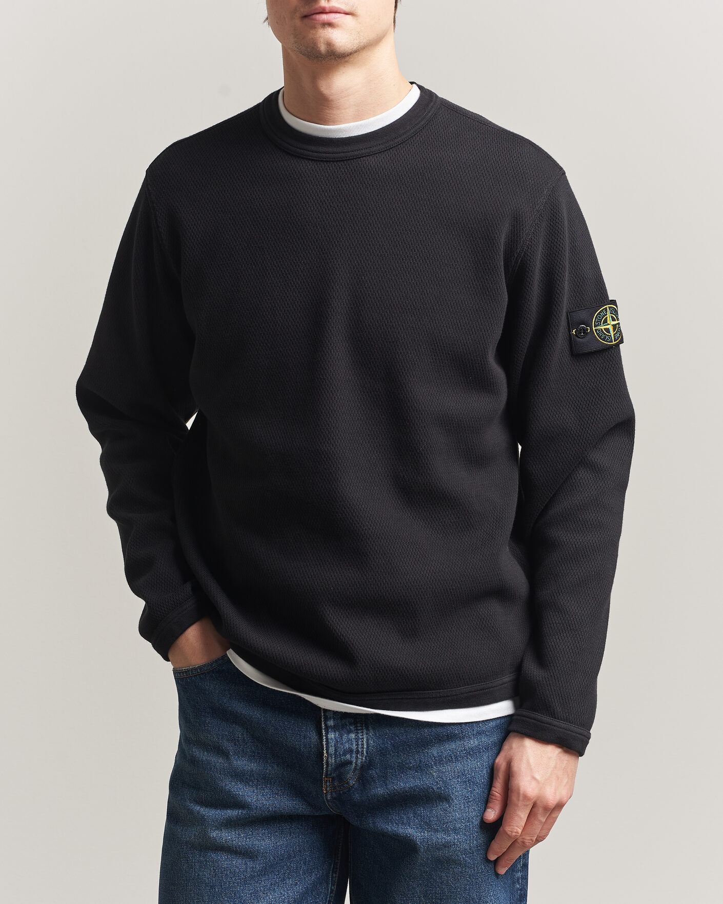 Hombres | Jerséis y prendas de punto | Stone Island | Mesh Stitch Organic Cotton Fleece Crewneck Black