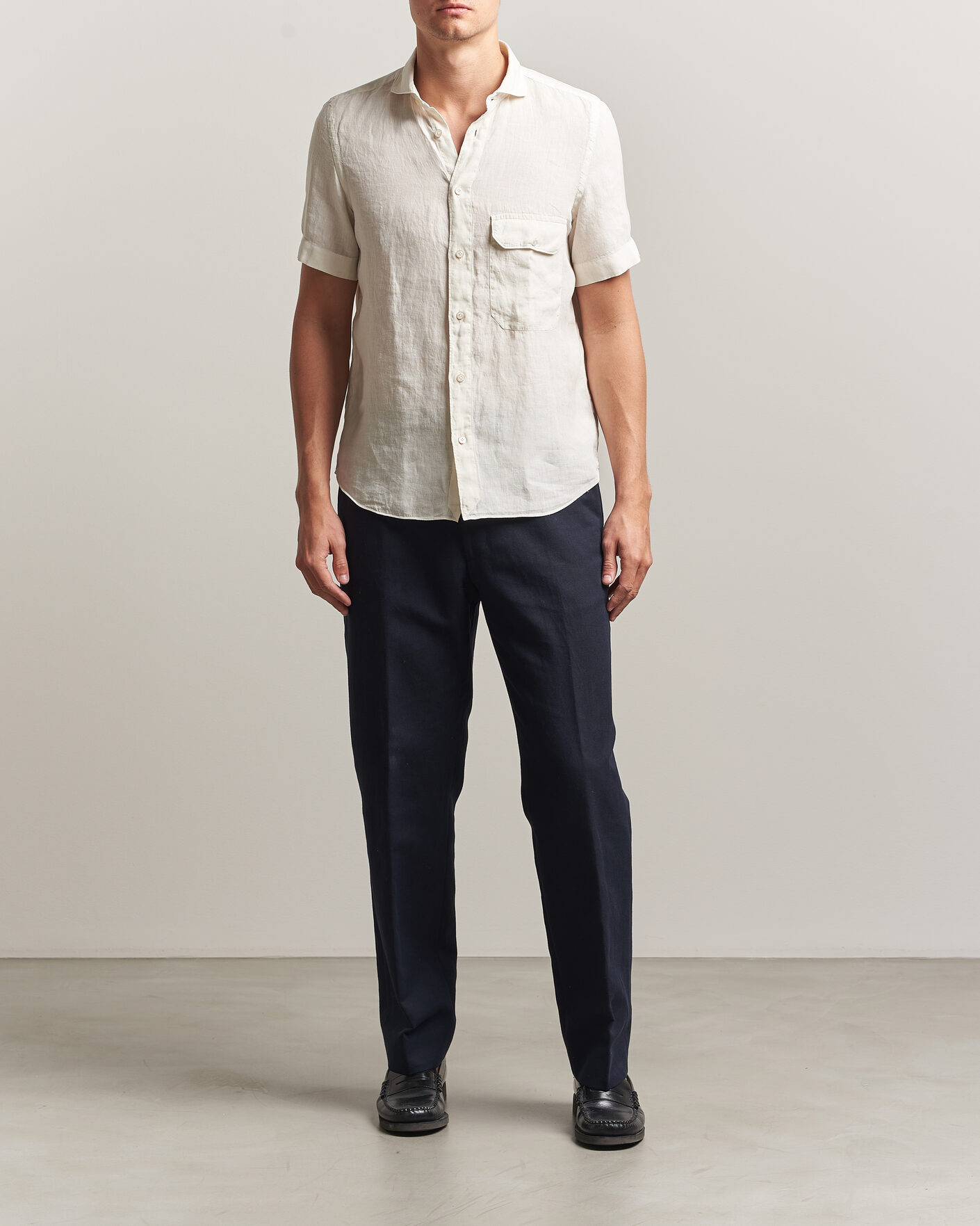 Hombres | Camisas | Finamore Napoli | Linen Short Sleeve Sport Shirt Off White