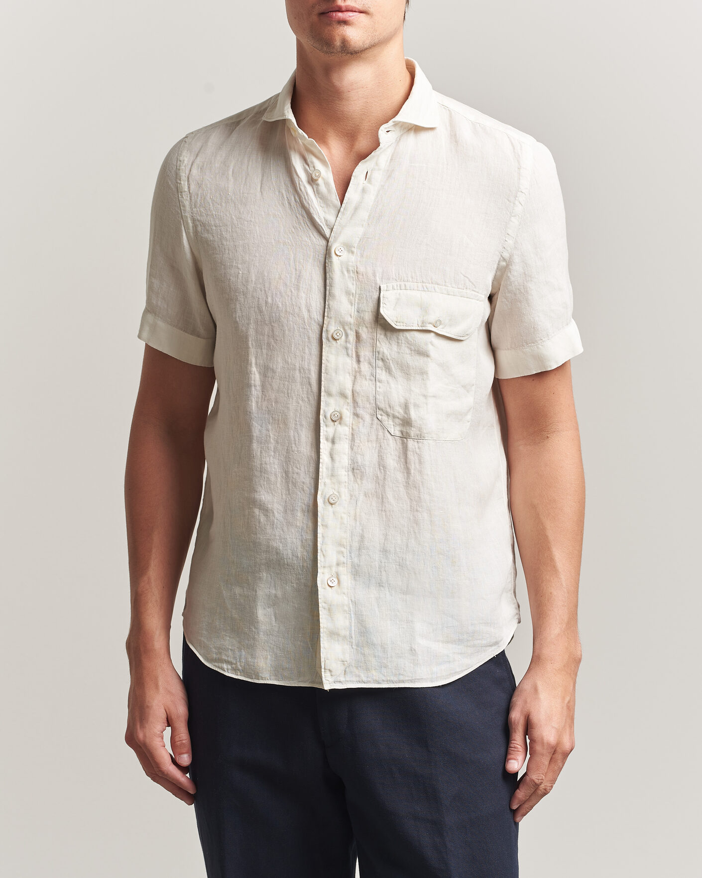 Hombres | Camisas | Finamore Napoli | Linen Short Sleeve Sport Shirt Off White