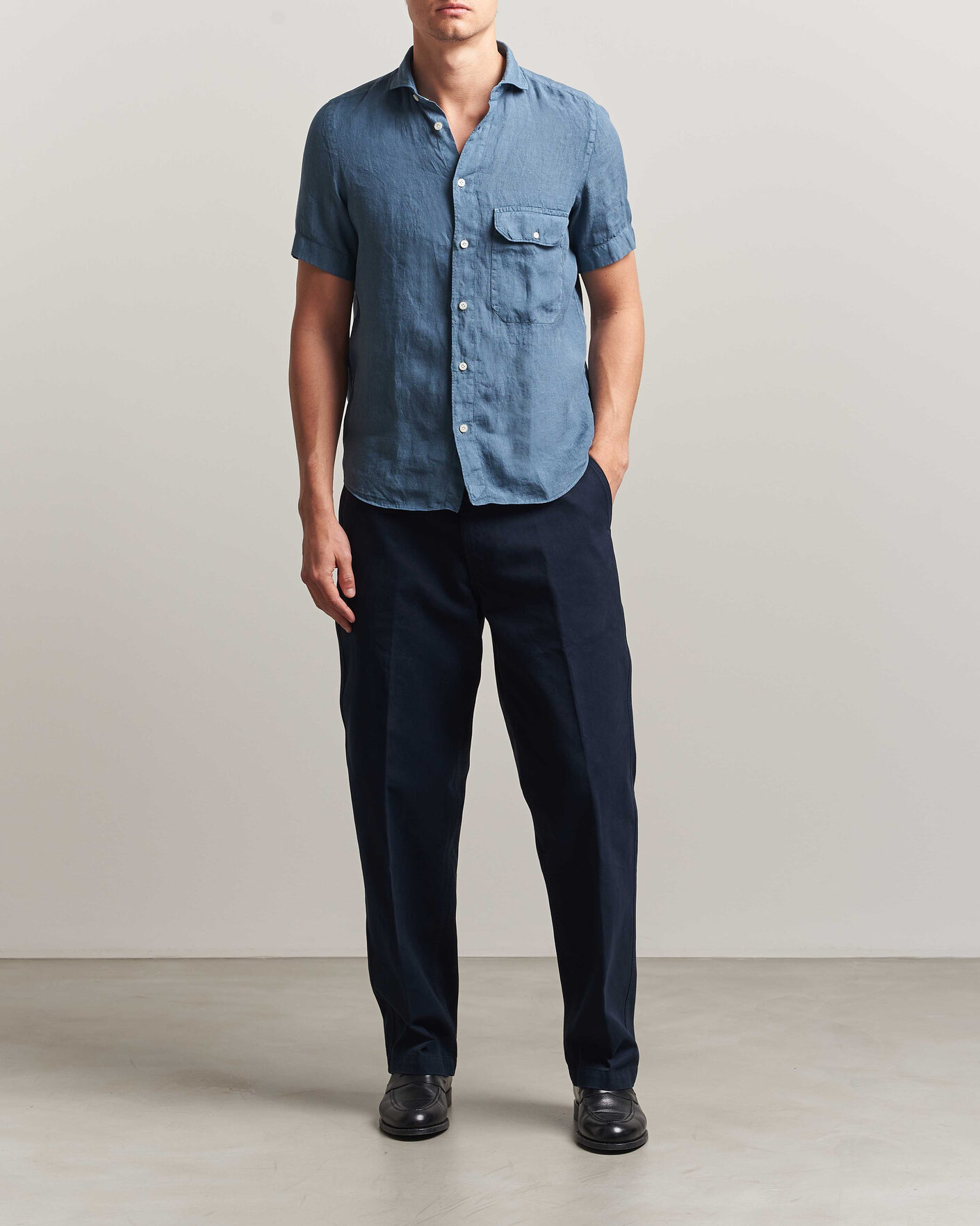 Hombres | Camisas | Finamore Napoli | Linen Short Sleeve Sport Shirt Dark Blue