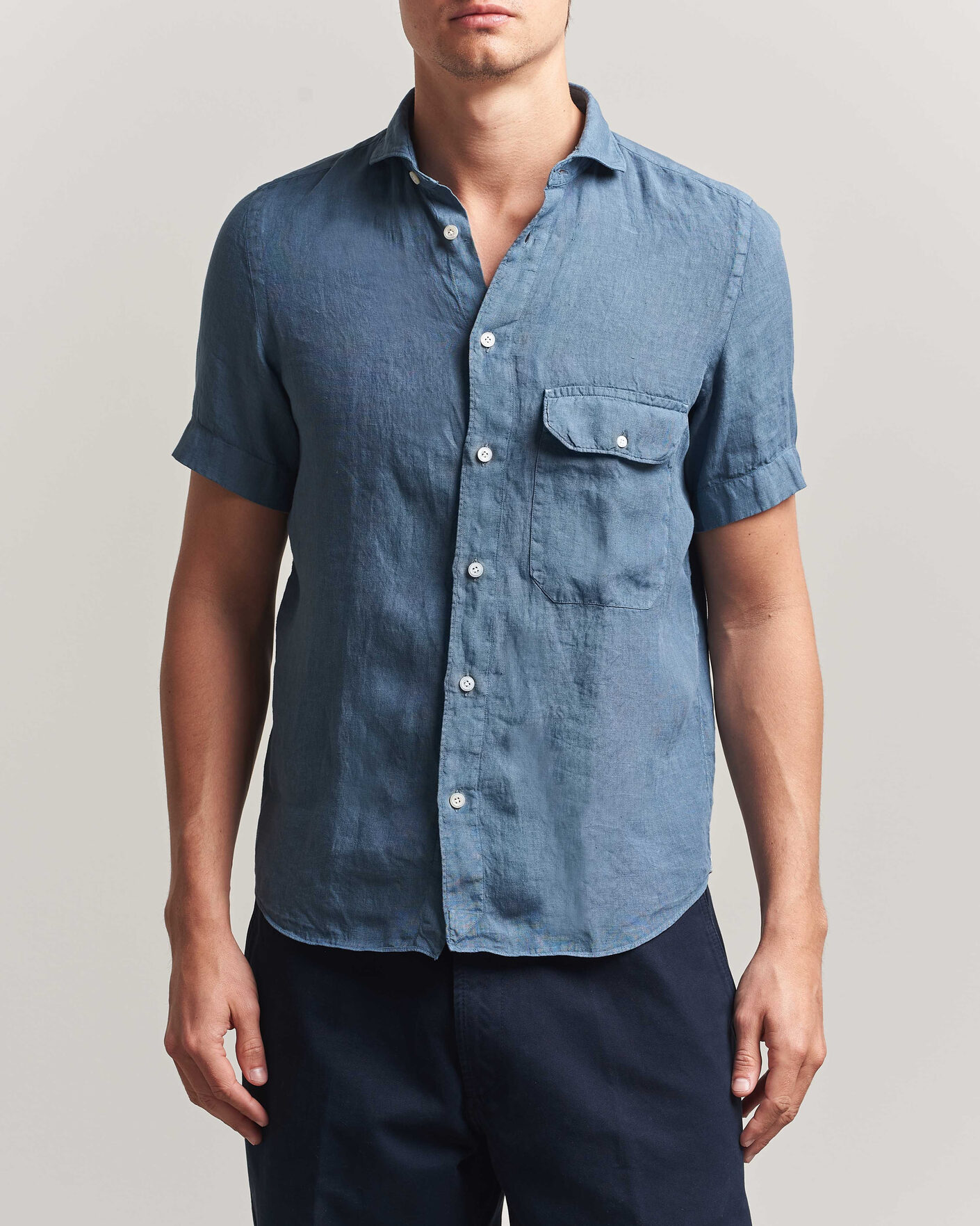 Hombres | Camisas | Finamore Napoli | Linen Short Sleeve Sport Shirt Dark Blue