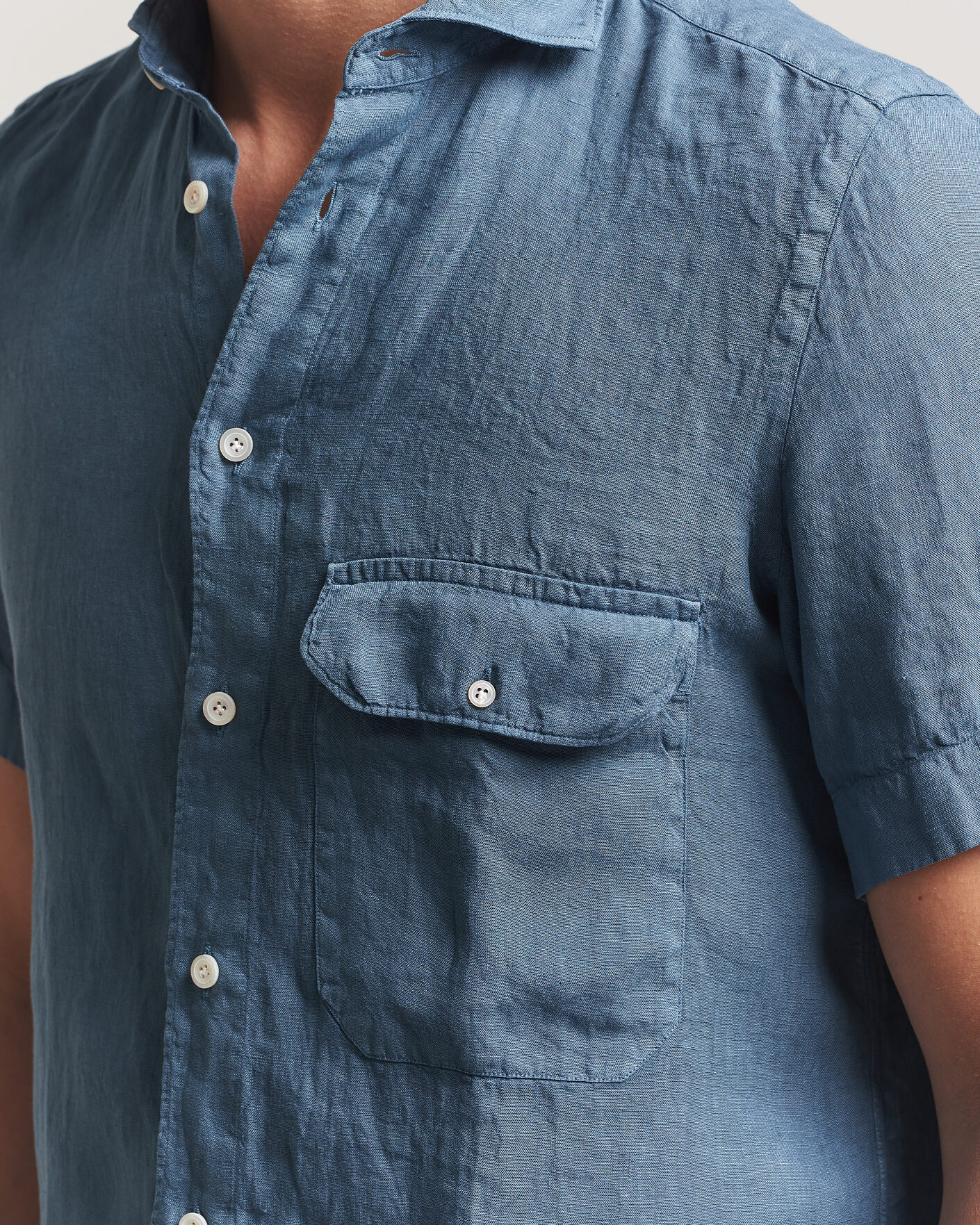 Hombres | Camisas | Finamore Napoli | Linen Short Sleeve Sport Shirt Dark Blue