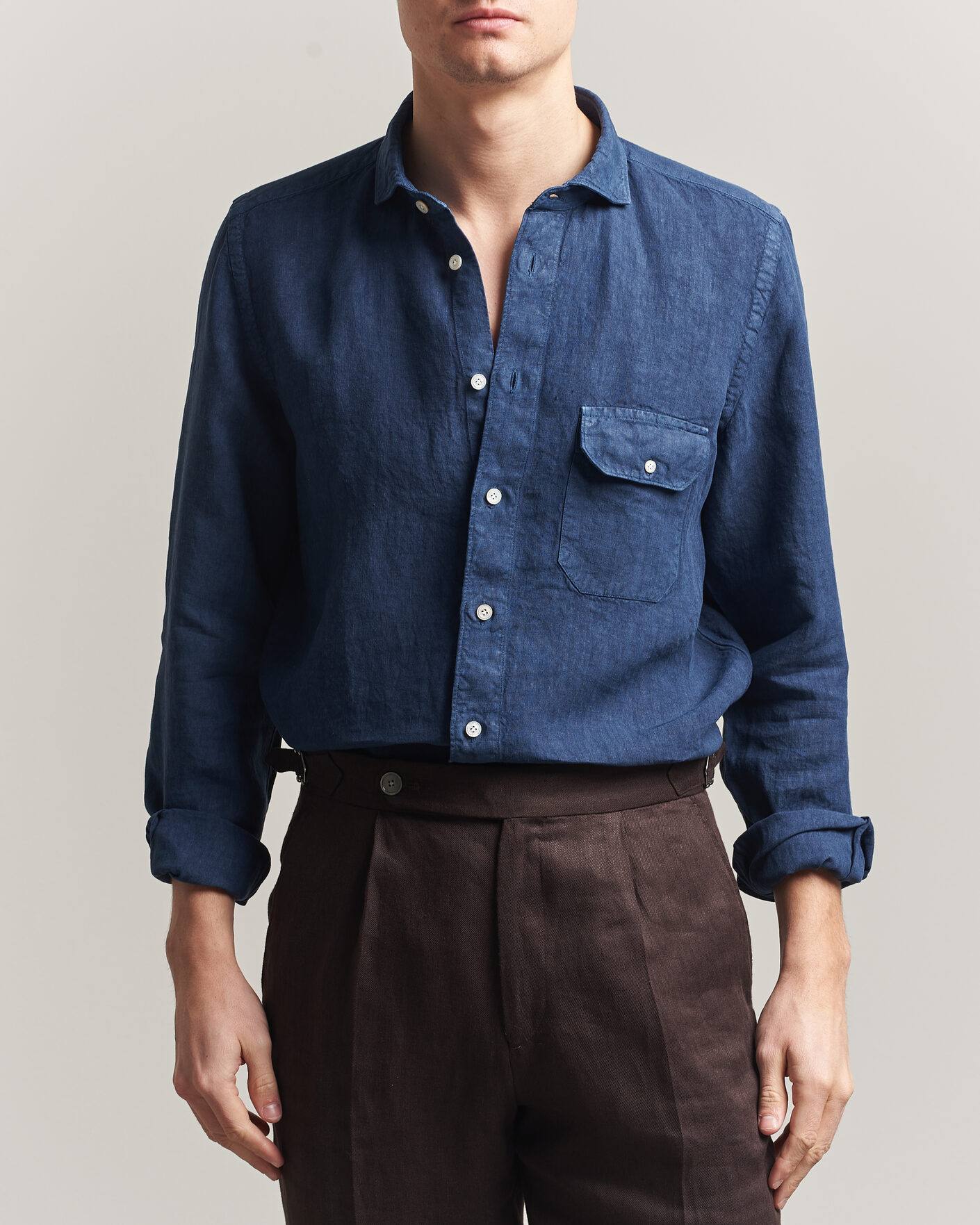 Hombres | Camisas | Finamore Napoli | Salina Garment Dyed Linen Overshirt Navy
