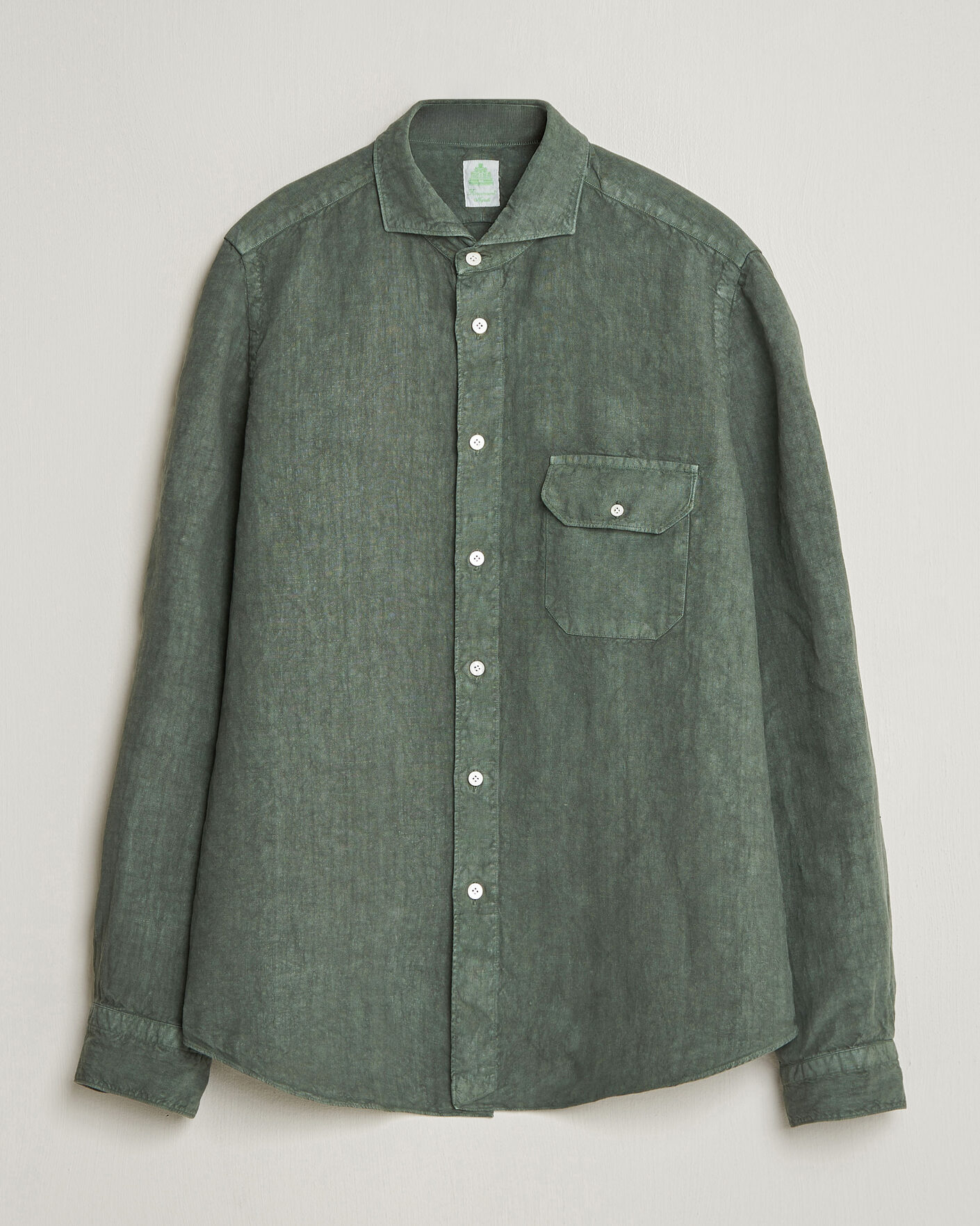 Hombres | Camisas | Finamore Napoli | Salina Garment Dyed Linen Overshirt Dark Green