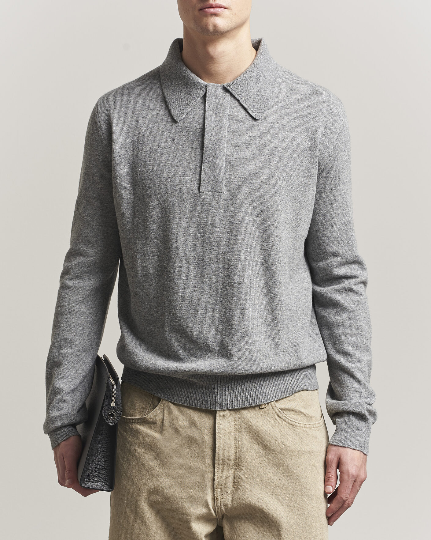 Hombres | Jerséis y prendas de punto | Jil Sander | Long Sleeve Knitted Wool Polo Grey Melange