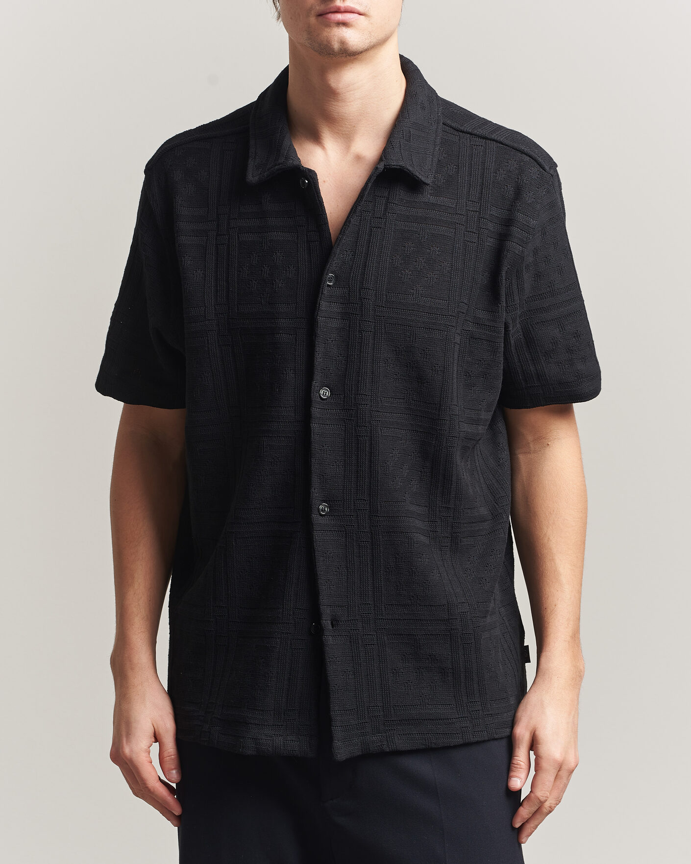 Hombres | Camisas | LES DEUX | Hector Pointelle Short Sleeve Shirt Black