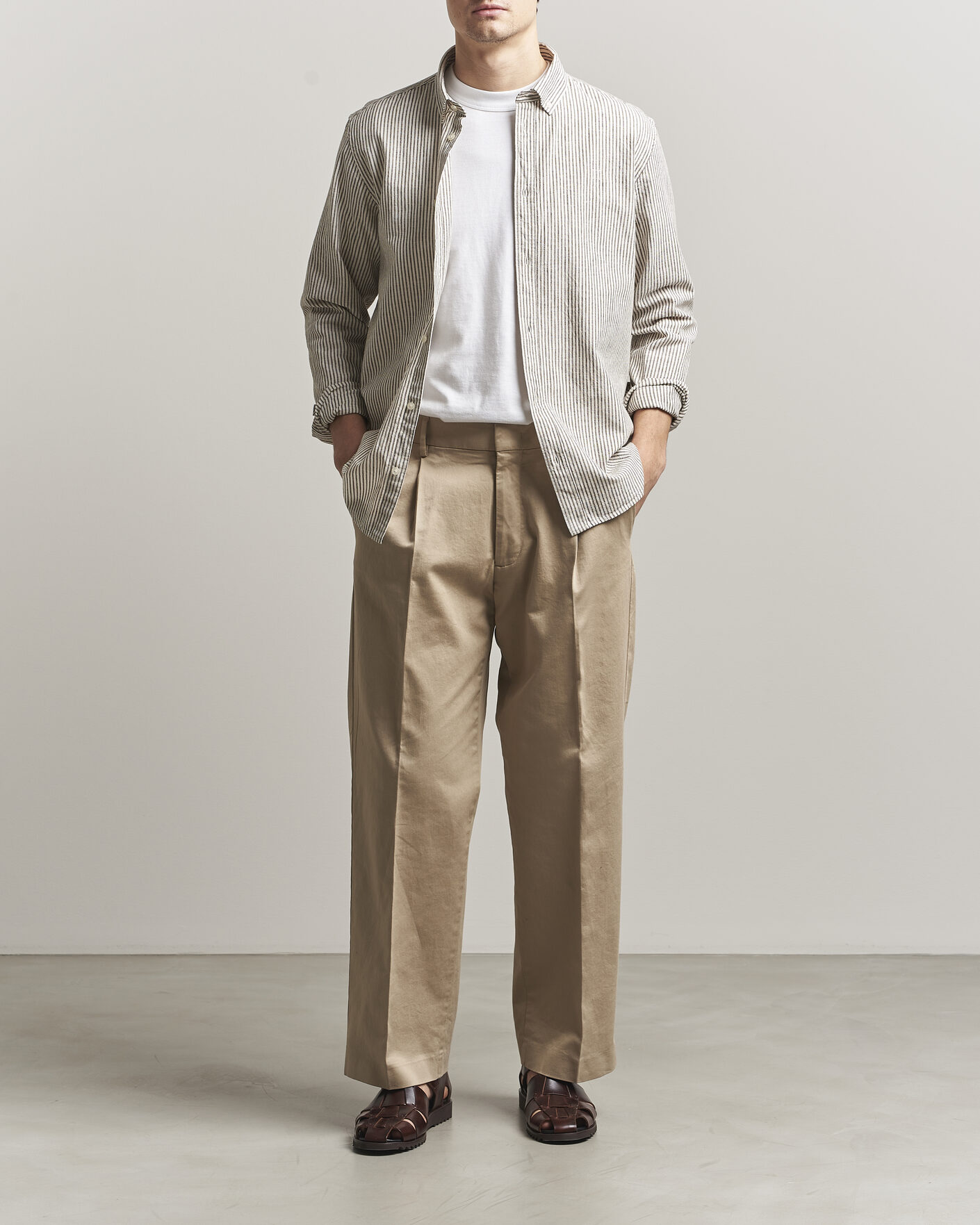 Hombres | Camisas | LES DEUX | Konrad Striped Cotton/Linen Shirt Teak Brown