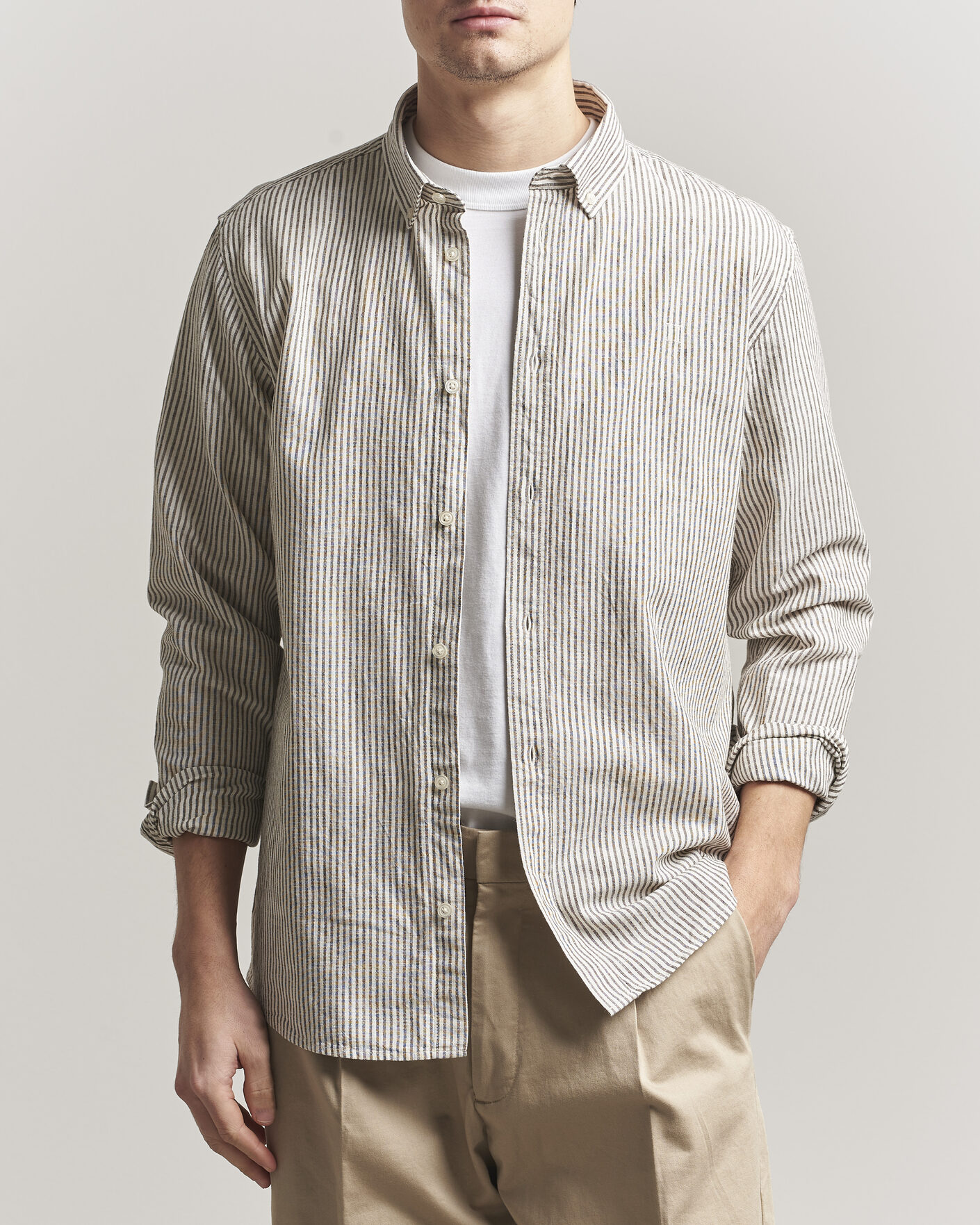 Hombres | Camisas | LES DEUX | Konrad Striped Cotton/Linen Shirt Teak Brown