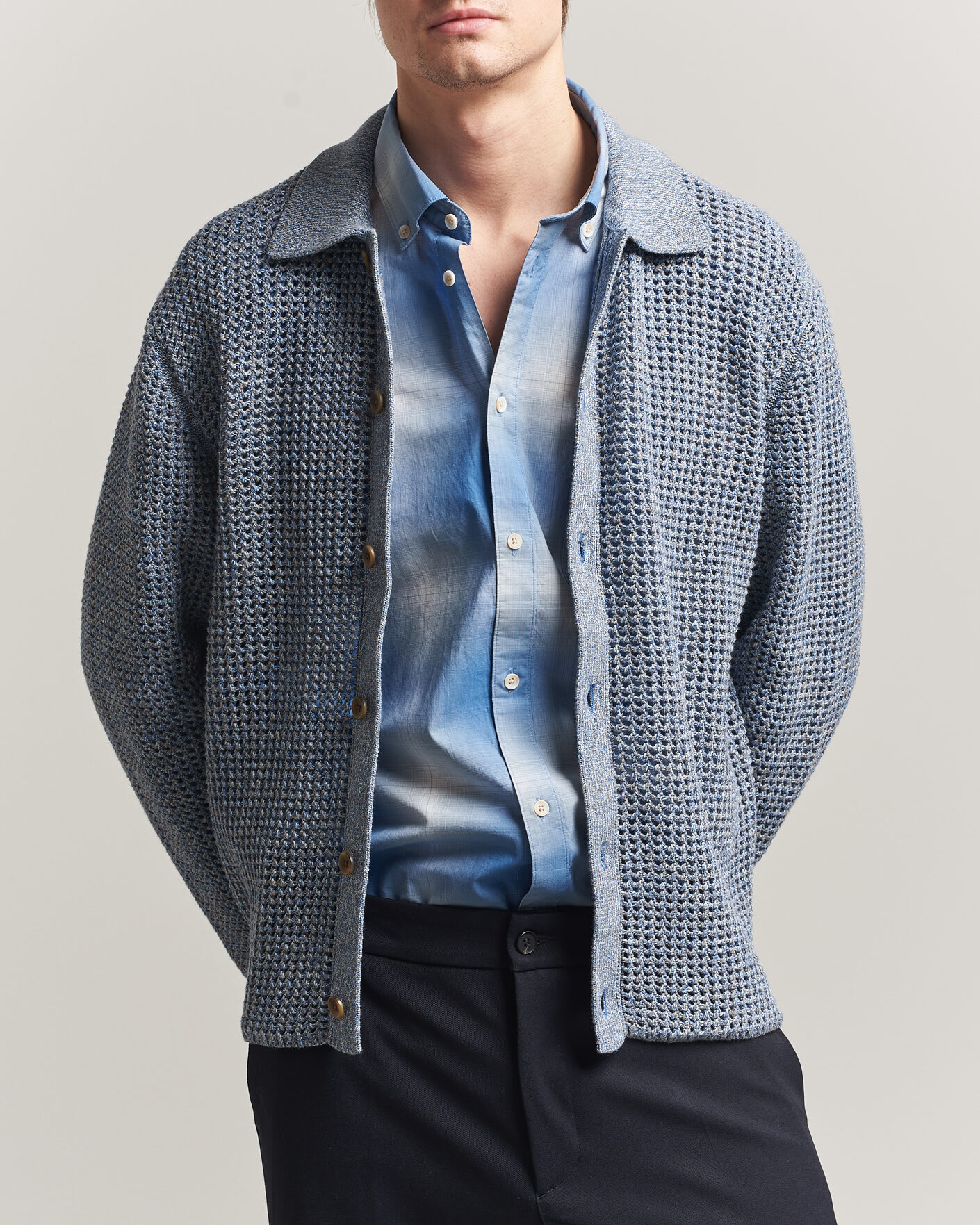 Hombres | Jerséis y prendas de punto | LES DEUX | Gerald Knitted Shirt Dark Denim Blue