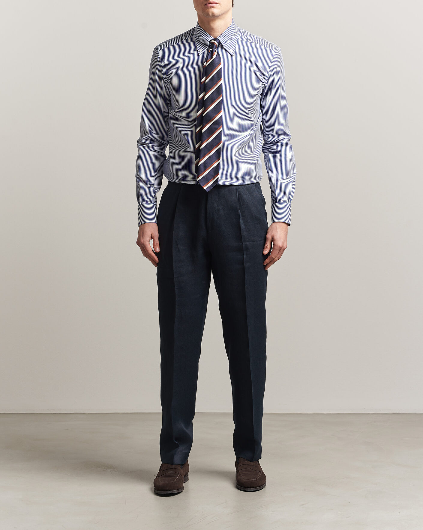 Hombres | Camisas | Mazzarelli | Soft Cotton Button Down Shirt Blue Stripe