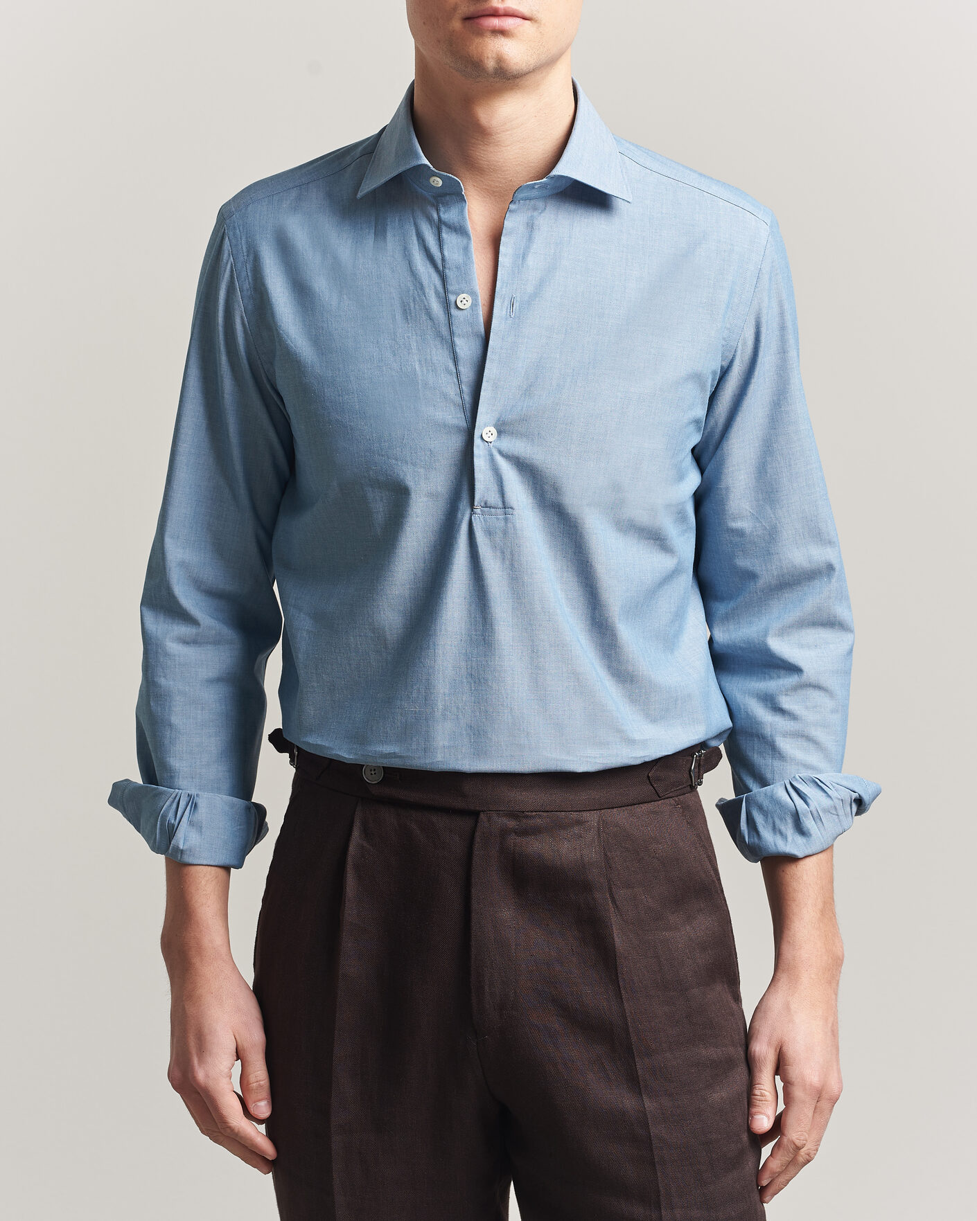 Hombres | Camisas | Mazzarelli | Soft Cotton Denim Popover Shirt Blue