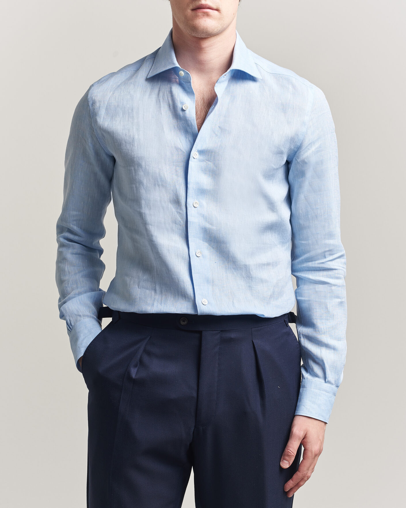 Hombres | Camisas | Mazzarelli | Soft Linen Shirt Light Blue