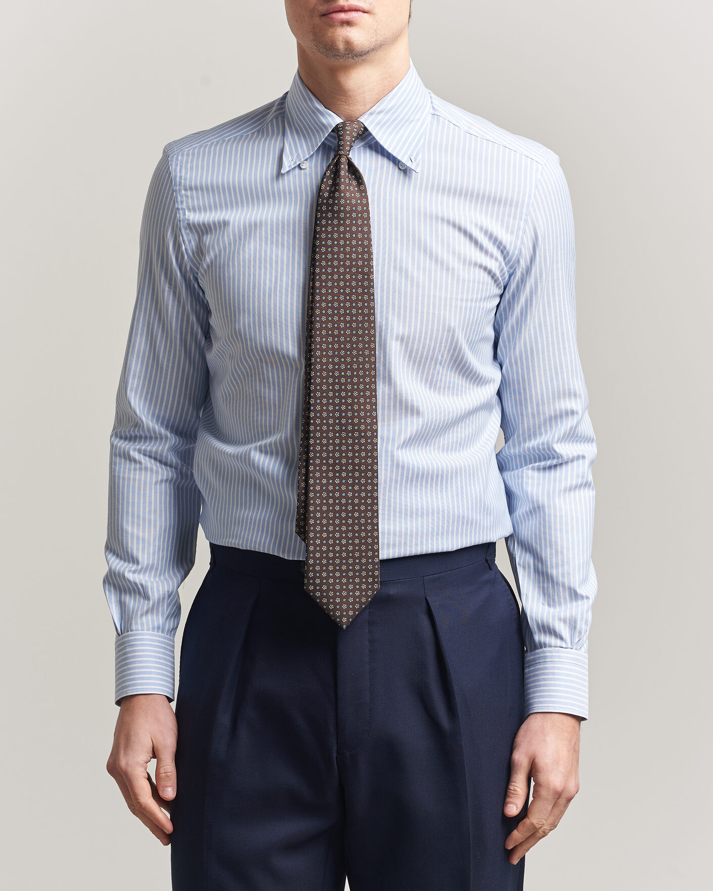 Hombres | Camisas | Mazzarelli | Soft Oxford Button Down Shirt Light Blue Stripe