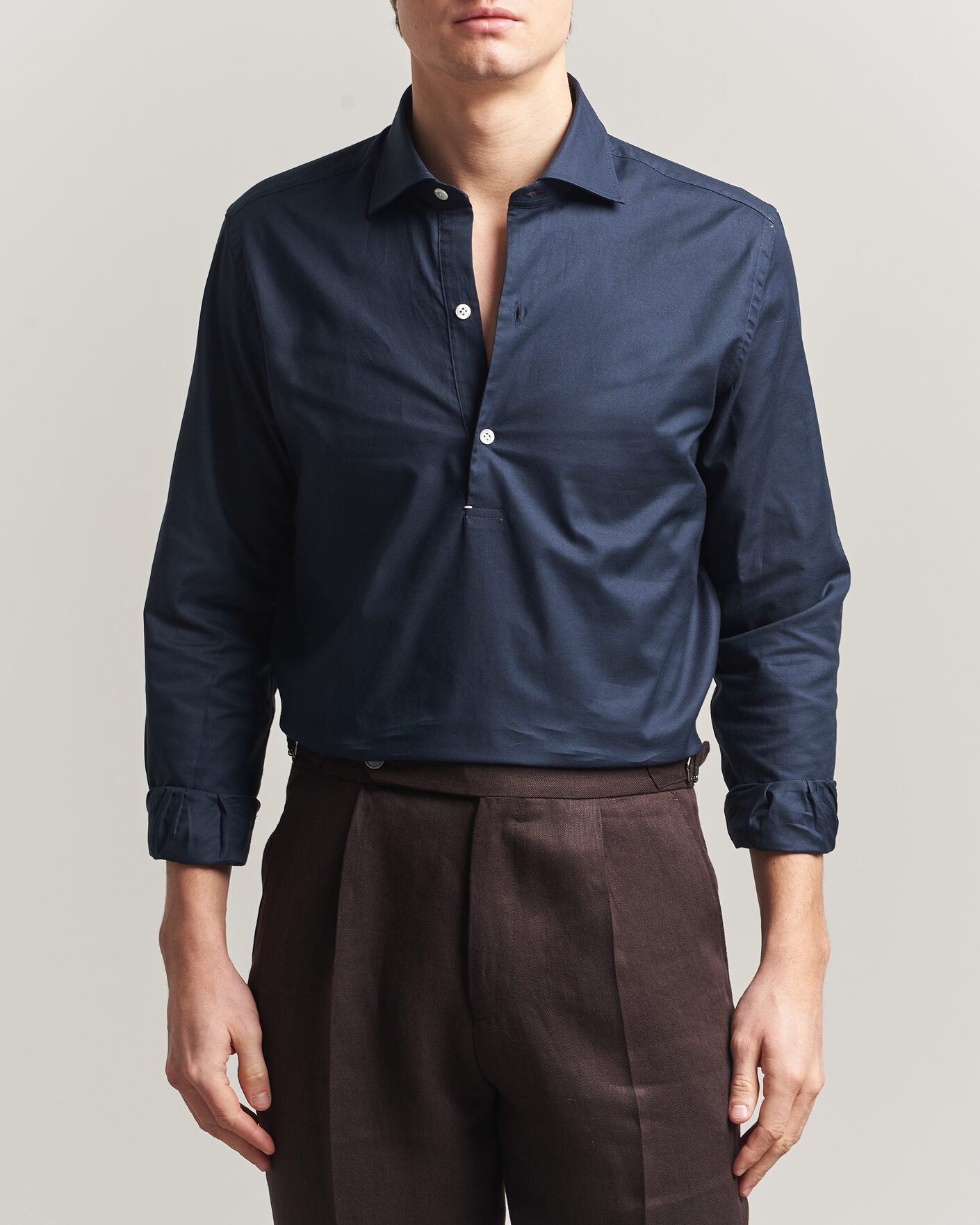 Hombres | Camisas | Mazzarelli | Soft Oxford Popover Shirt Navy