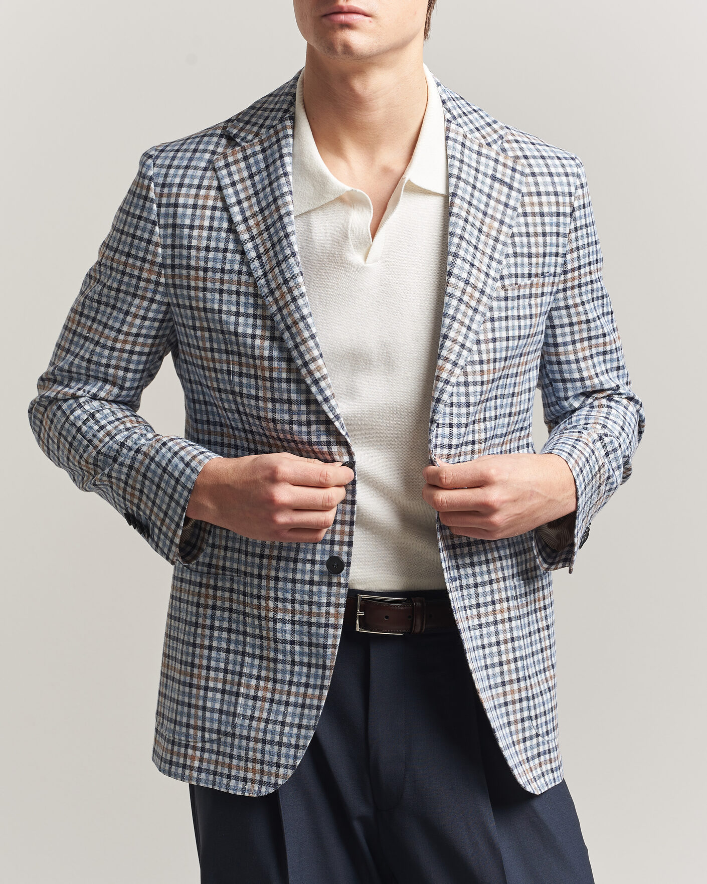 Hombres | Blazers | Morris | Linen Cotton Checked Blazer Blue