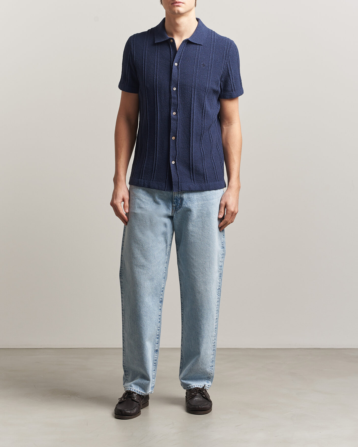 Hombres | Camisas | Morris | Clayton Knitted Short Sleeve Shirt Dark Blue