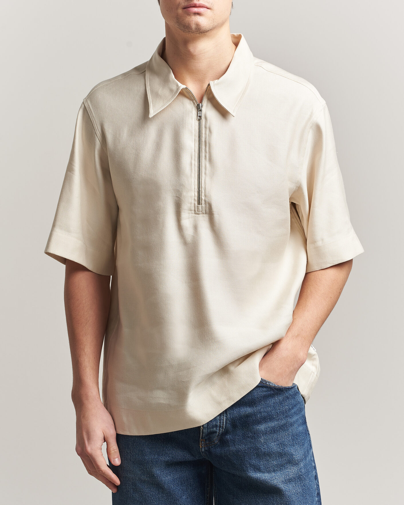 Hombres | Polos | NN07 | Bruno Linen/Viscose Half Zip Polo Ivory