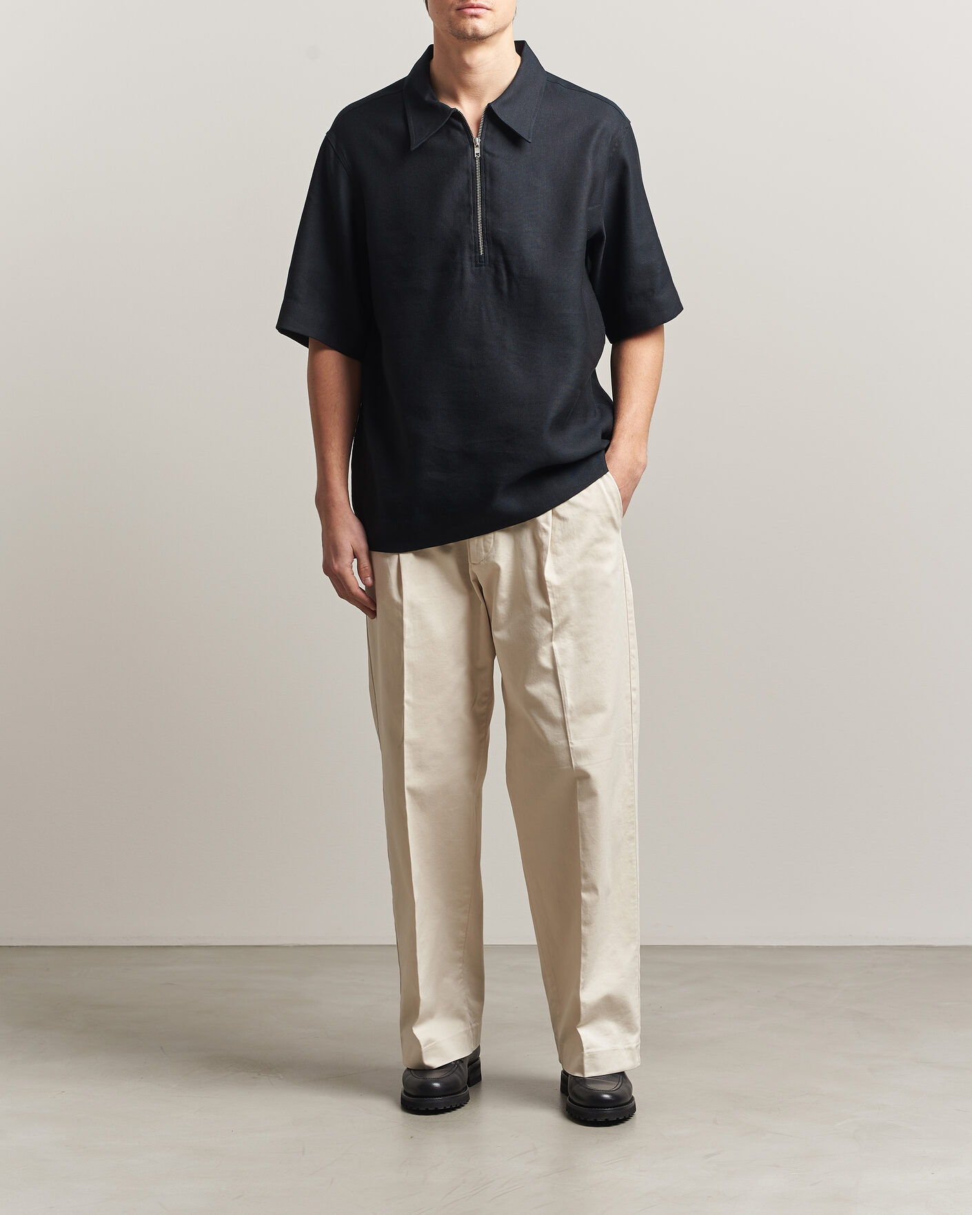 Hombres | Polos | NN07 | Bruno Linen/Viscose Half Zip Polo Black