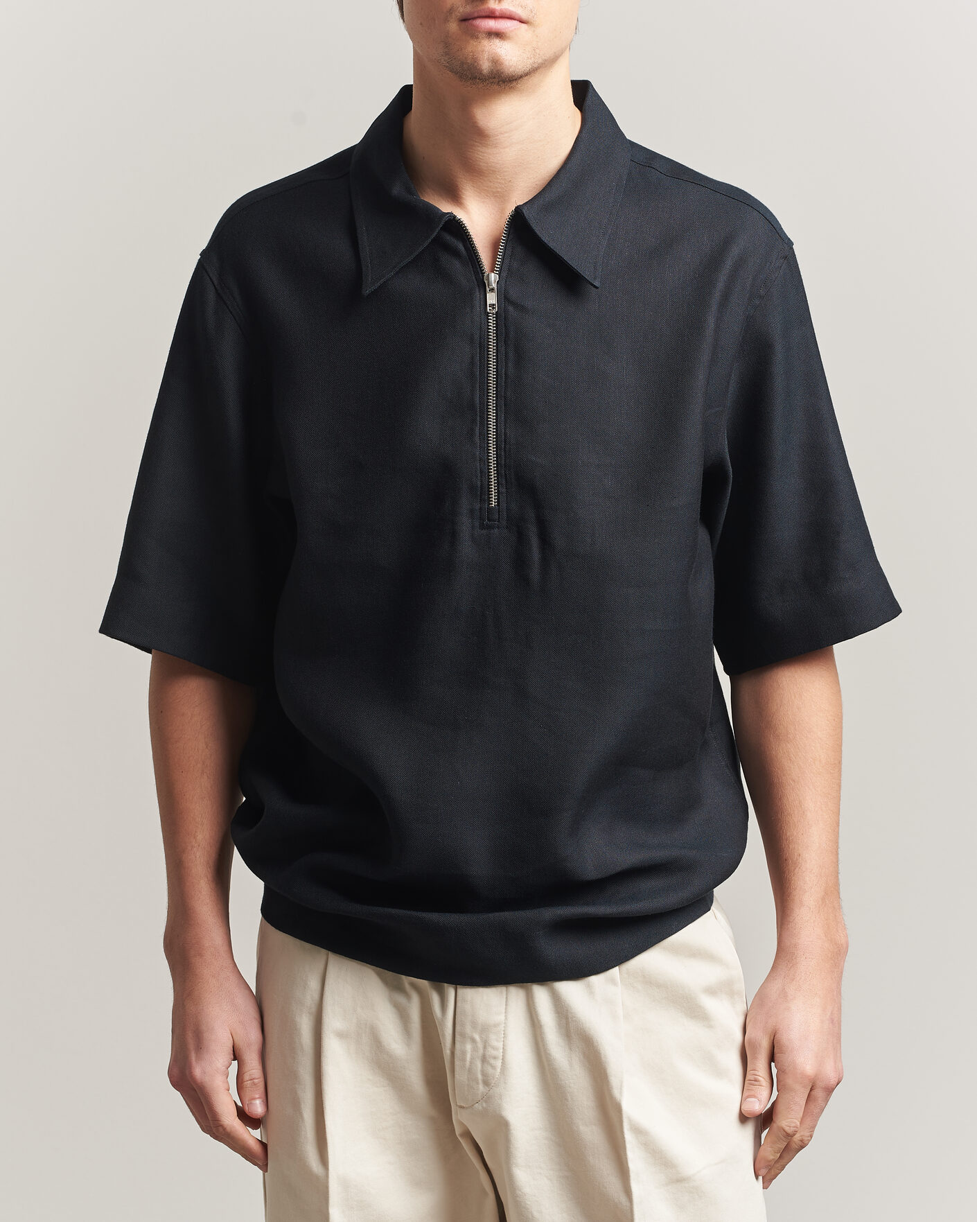 Hombres | Polos | NN07 | Bruno Linen/Viscose Half Zip Polo Black